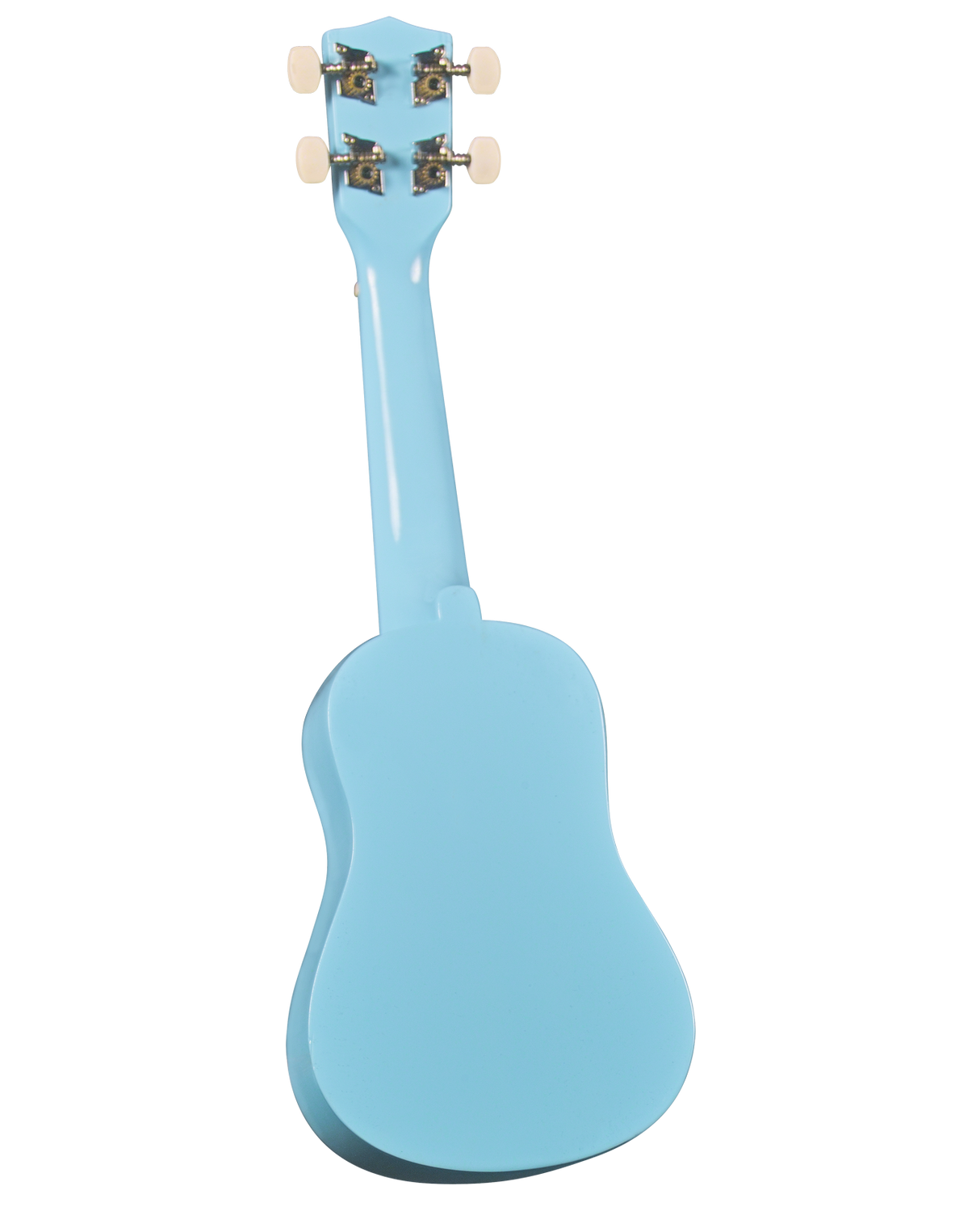 The image shows the back of a soprano or concert-sized ukulele with a light blue, glossy finish. It features a small, figure-eight-shaped body and a headstock with four tuning pegs that have white buttons and gold-colored machine heads. The compact design and vibrant color suggest a modern style. The ukulele is photographed against a plain white background, typical of product or catalog images.