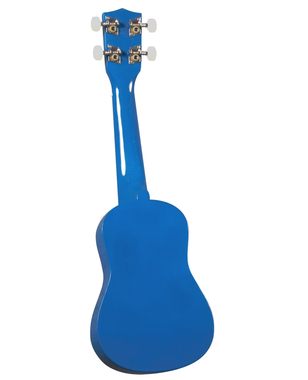 The image shows a bright blue ukulele viewed from the back. It has the typical small guitar-like body with a rounded lower bout and narrower upper bout. The headstock features four tuning pegs, two on each side, with white or cream-colored buttons and decorative metal plates. The ukulele has a glossy finish and appears to be a concert or tenor size.