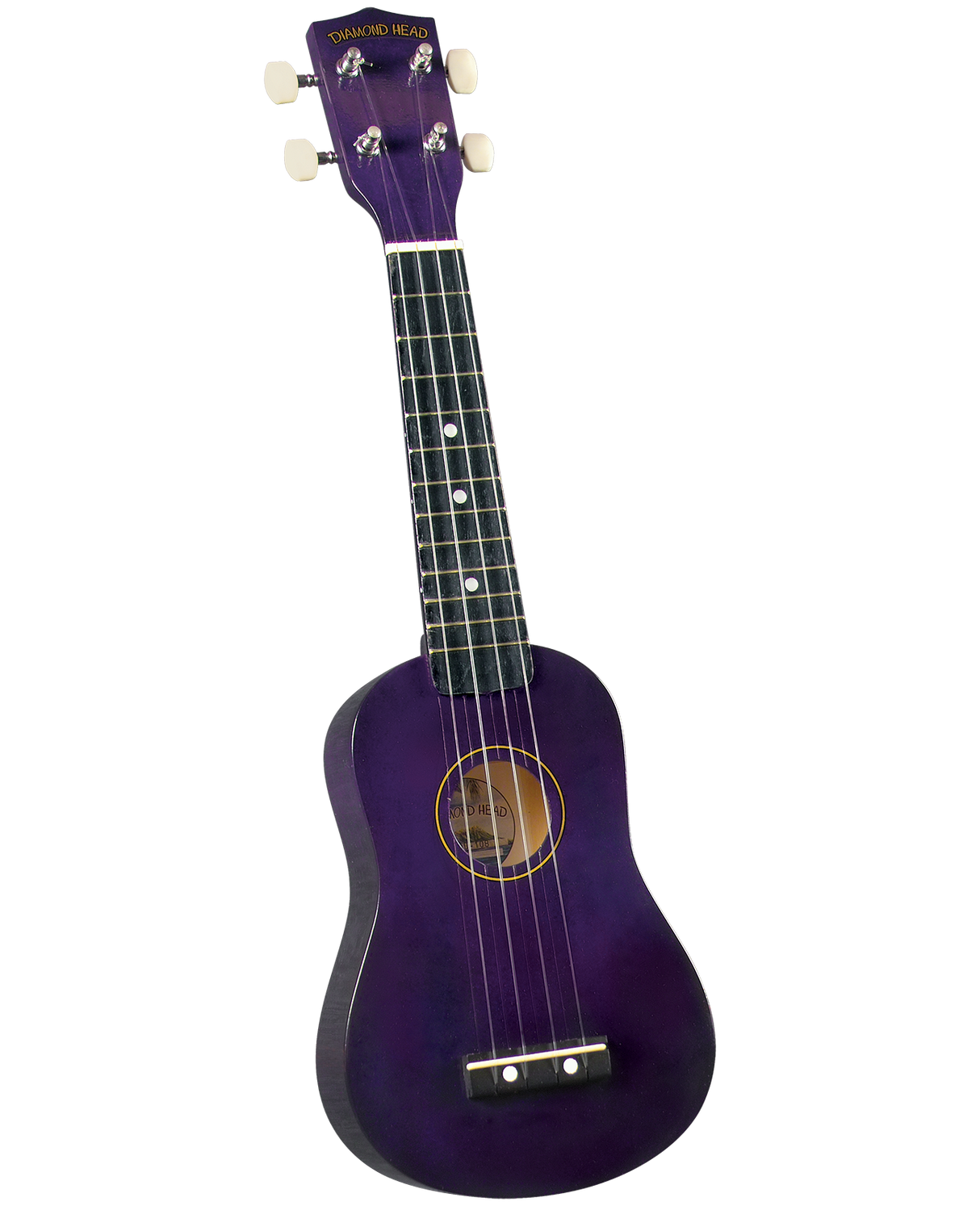 The image shows a soprano ukulele by Diamond Head with a vibrant purple body and headstock. It has four strings, white tuning pegs, a dark fretboard with white dot markers, a traditional figure-8 shape, and a sound hole. The bridge is at the bottom. This entry-level ukulele combines classic features with a fun color, ideal for beginners and casual playing.