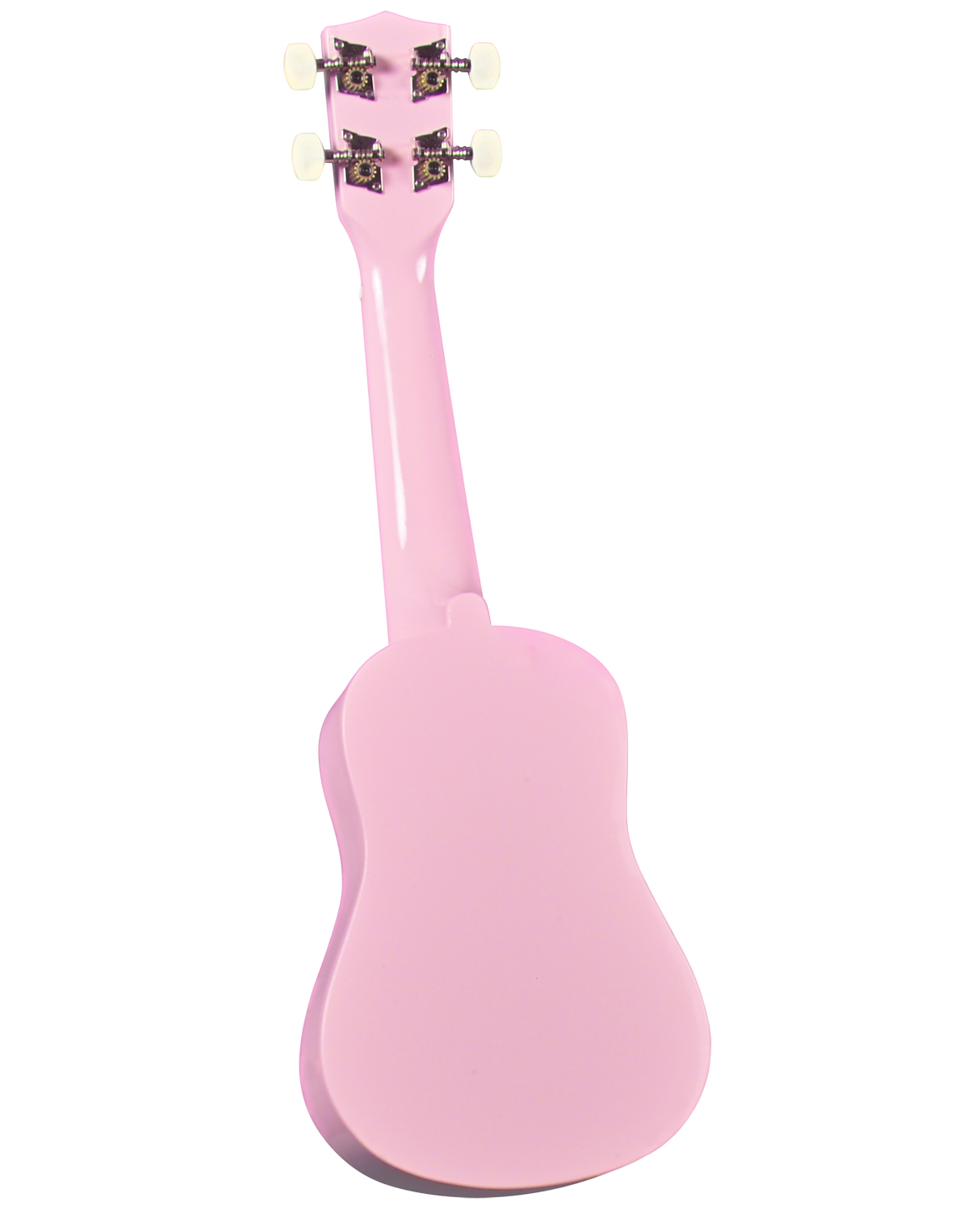 The image shows a vibrant pink soprano or concert ukulele with a glossy finish. It features four tuning pegs with white/cream buttons, decorative inlays near the headstock, and the classic small figure-8 body shape typical of ukuleles. This colorful instrument is part of the guitar family, known for its bright, cheerful sound and popular in Hawaiian and contemporary music.