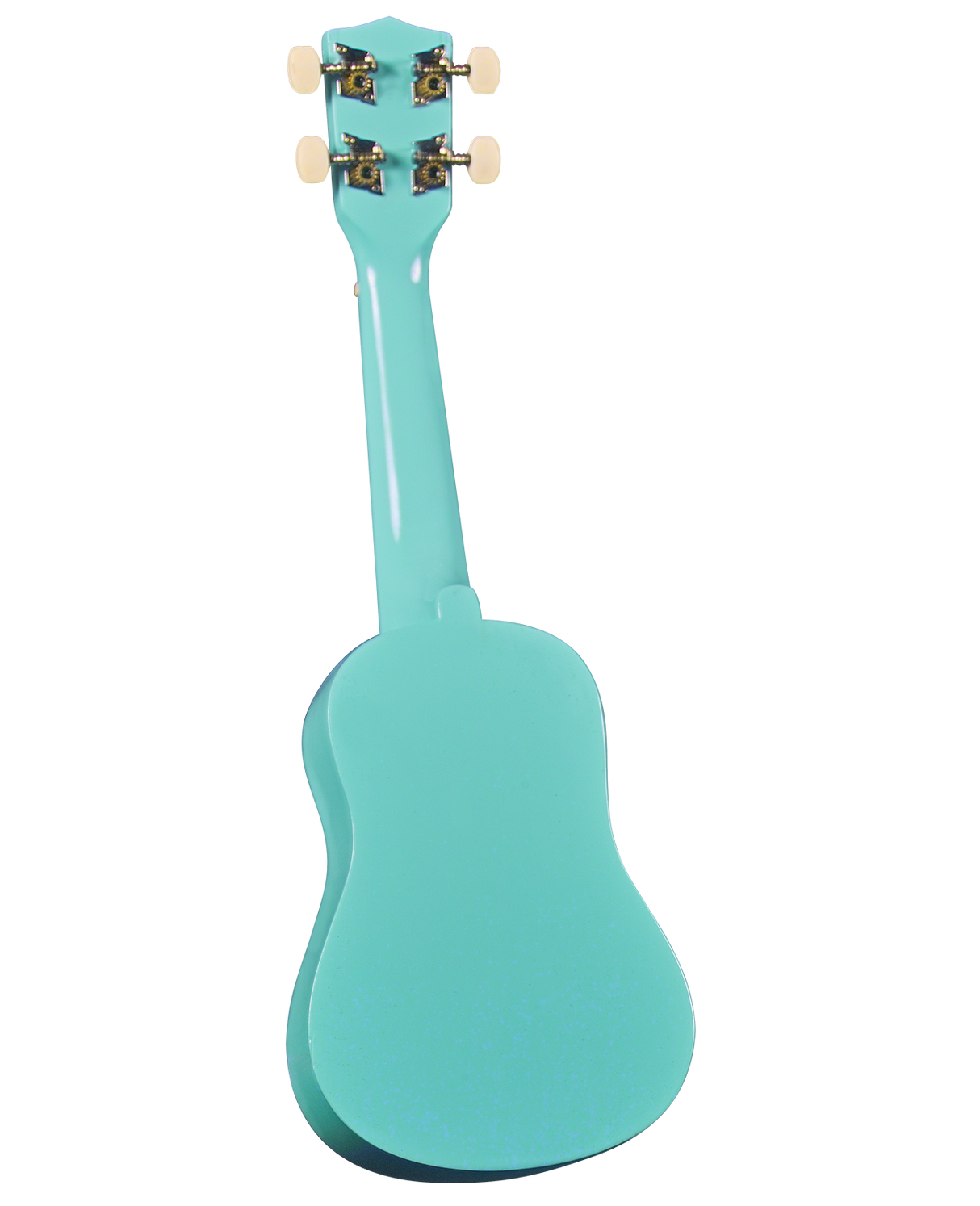 The image shows the back of a small, four-stringed ukulele with a glossy turquoise or mint green finish. It has a classic figure-8 shape and a narrow waist. The headstock features four tuning pegs with white cream buttons arranged 2x2. Likely a soprano or concert size, this modern ukulele's vibrant color and smooth finish suggest it’s a fun, entry-level instrument ideal for beginners.