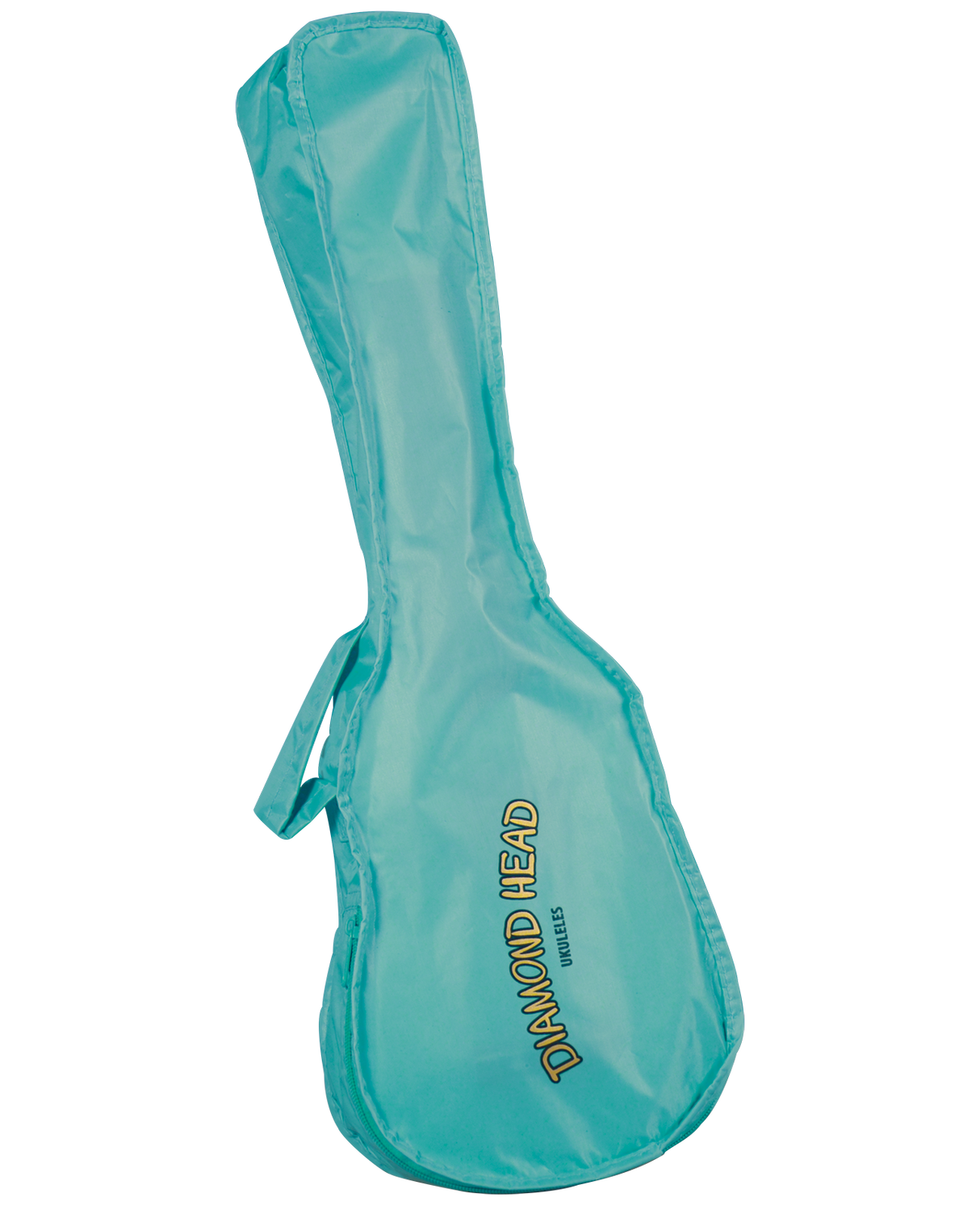 The image shows a turquoise soft guitar case with the typical shape of a guitar, featuring a wider body and narrower neck section. Made of lightweight fabric, it has yellow "DIAMOND HEAD" branding and "UKULELES" text, indicating a ukulele-related brand. The case includes a side handle and padded protection, designed for portability and basic instrument safety. Its bright color makes it easy to spot during travel or performances.