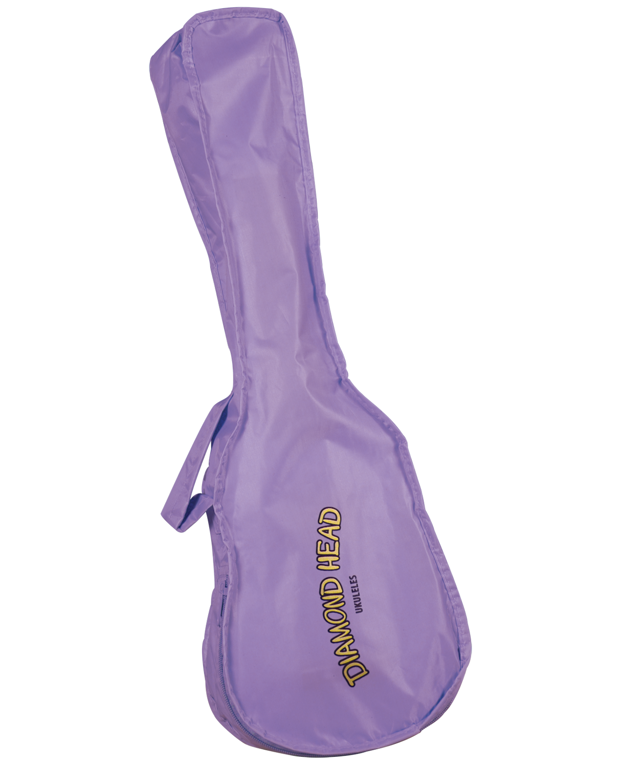 The image shows a vibrant purple gig bag made of lightweight fabric, shaped to fit a ukulele. It features the text "DIAMOND HEAD" with "UKULELES" below, indicating the brand. The case includes a carrying handle and zipper closure, designed to protect the instrument from dust, minor impacts, and scratches while remaining portable for musicians.