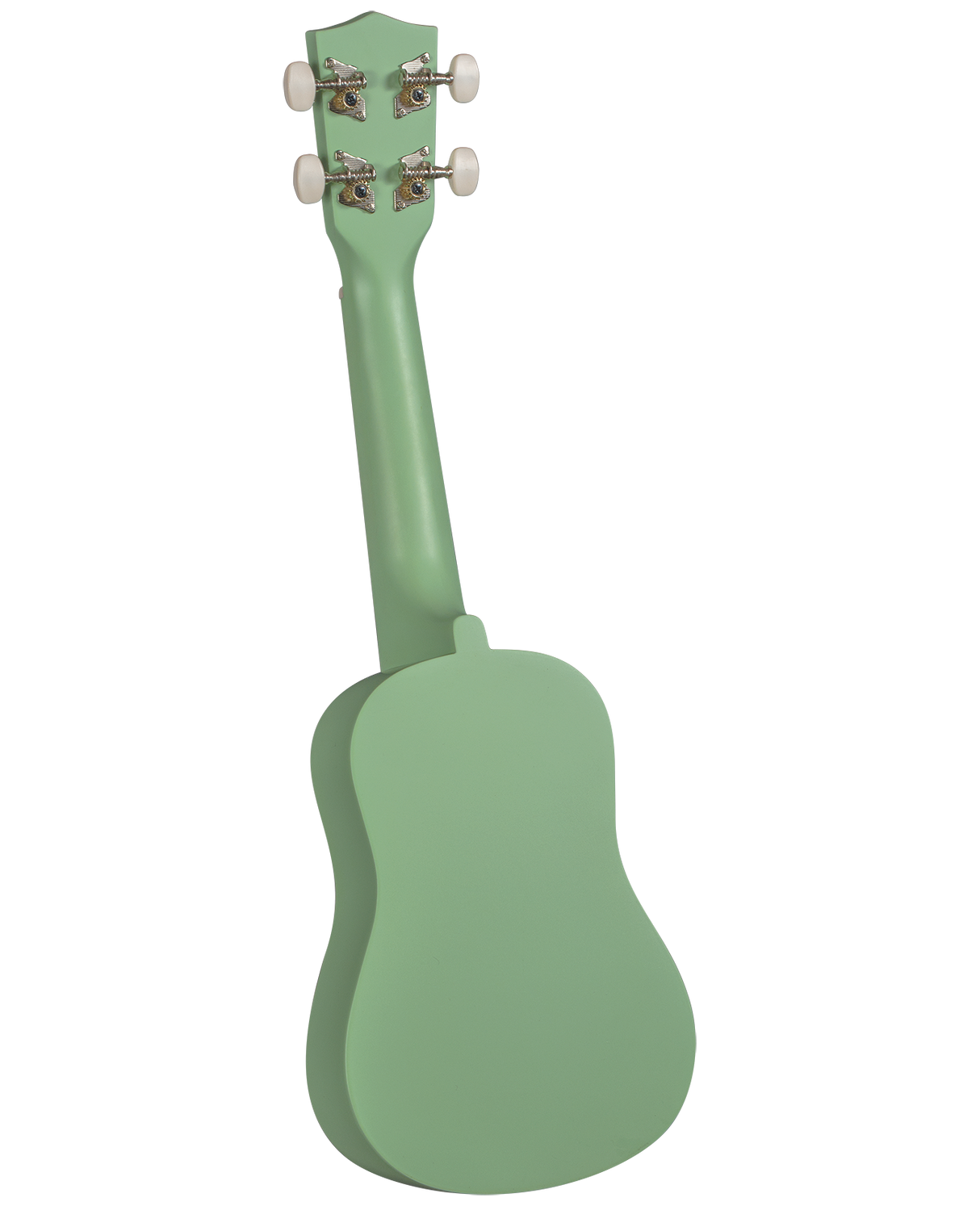 The image shows a mint or sage green ukulele viewed from the back against a white background. It features a small, guitar-like body typical of soprano or concert sizes, with four tuning pegs that have white or cream buttons and chrome hardware. The short neck and colorful finish give it a modern look, contrasting traditional wood tones.