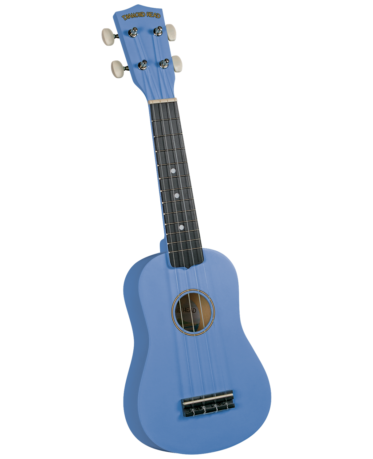 The image shows a blue Diamond Head ukulele with a classic body shape, bright blue finish on the body and headstock, four white tuning pegs, a dark fretboard with position markers, four strings, a circular sound hole, and a bridge. It appears to be a soprano or concert size, a popular, affordable string instrument ideal for beginners.