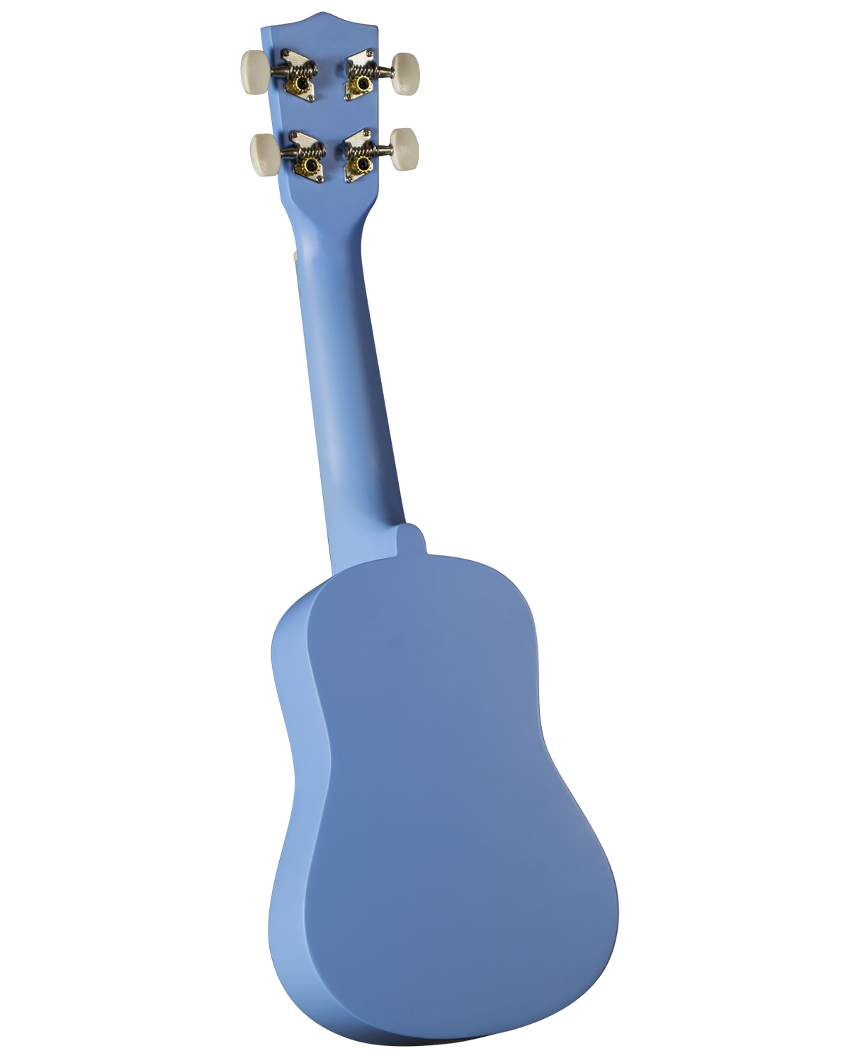 The image shows the back of a small, four-stringed ukulele with a light blue or periwinkle finish. It features a rounded figure-8 body, a short neck, and a headstock with four gold-colored tuning machines and cream-colored tuning buttons. The ukulele appears to be concert or soprano-sized based on its proportions.
