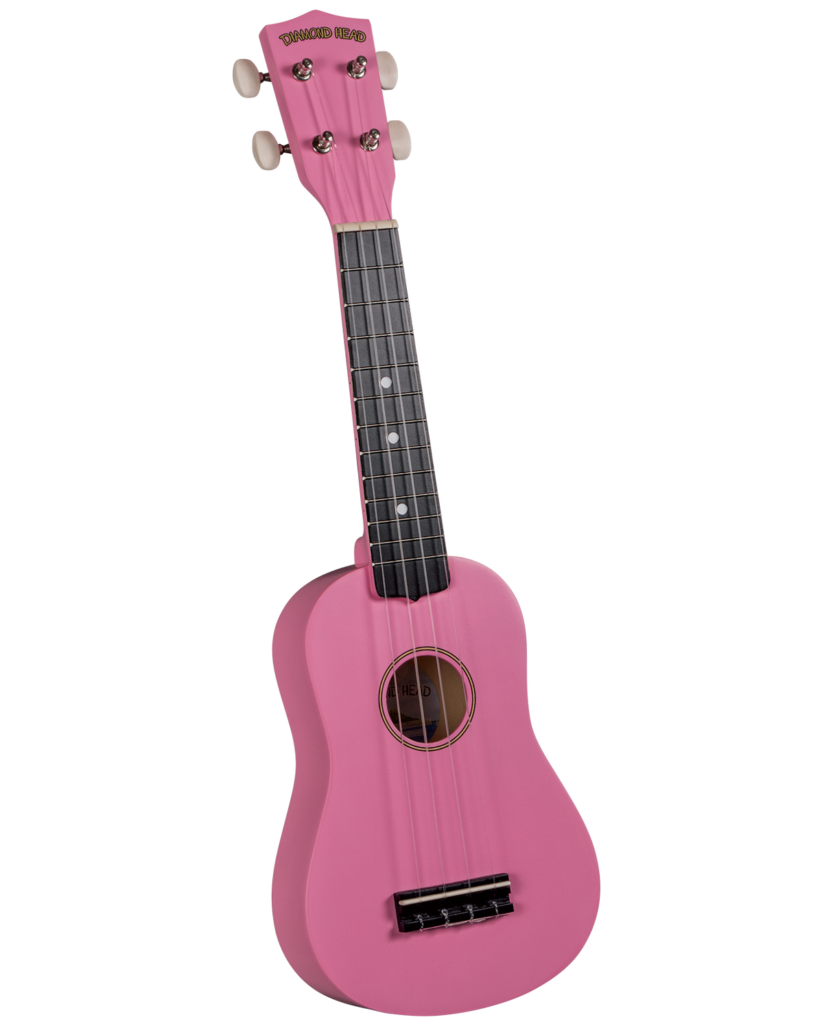 The image shows a bright pink soprano ukulele by Diamond Head, featuring a traditional figure-8 body with a sound hole, four strings, white tuning buttons, and a dark fretboard with white fret markers. The small, vibrant instrument is popular for its cheerful sound and is ideal for beginners and players who enjoy colorful, fun designs.