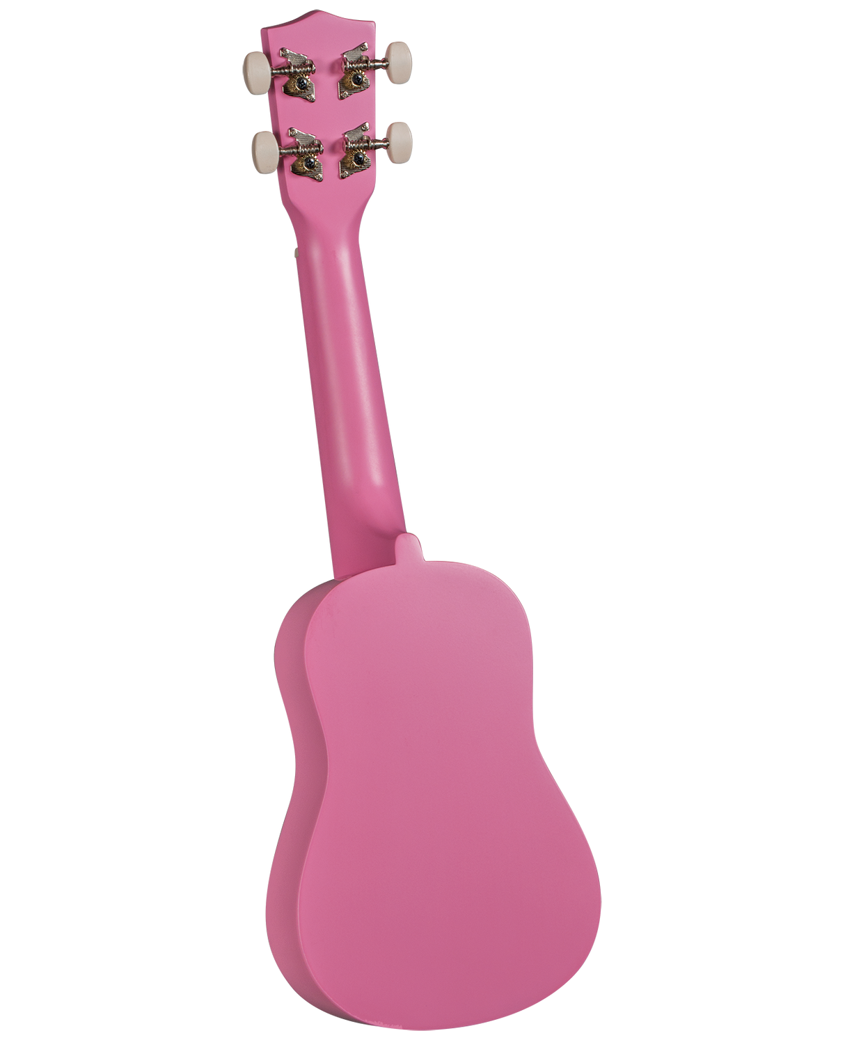 The image shows the back of a pink ukulele, a small four-stringed instrument with a narrow neck and guitar-like body. It features four tuning pegs with white buttons and metal machines at the headstock. The solid pink finish gives it a vibrant, playful look, often popular with beginners and younger players. Ukuleles are known for their bright, cheerful sound and are widely used in Hawaiian, folk, and popular music.