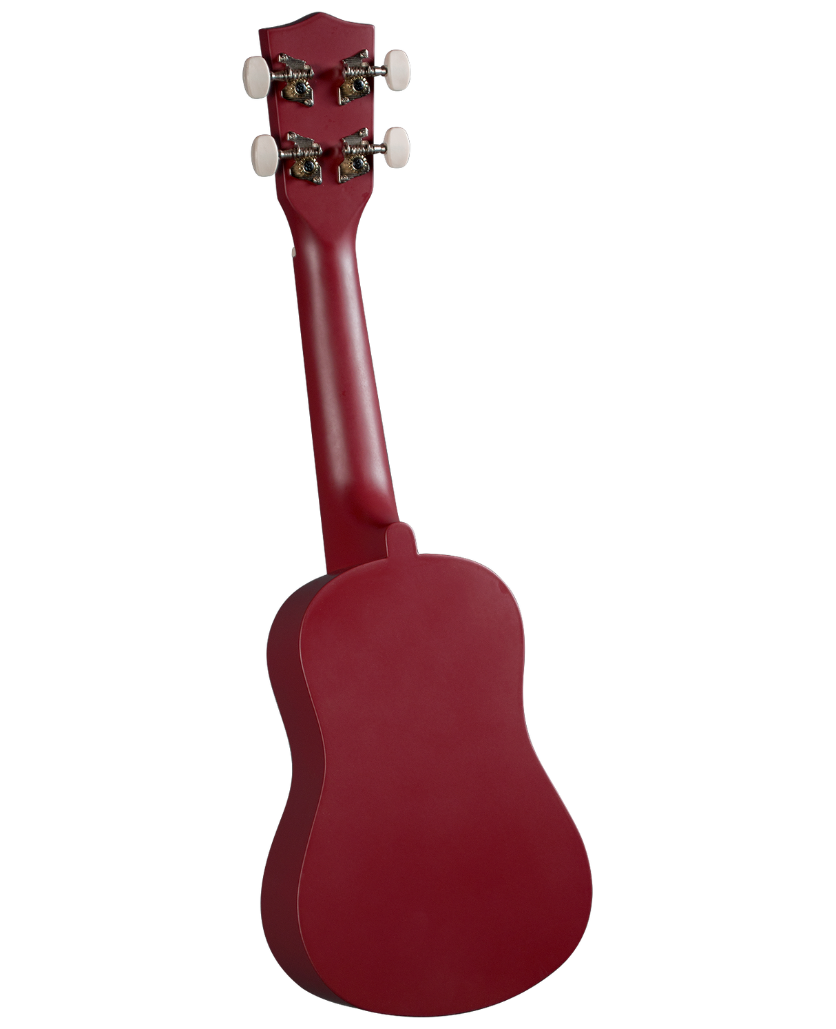 The image shows the back of a deep red or burgundy ukulele with a small, rounded body typical of the instrument. It has four tuning pegs with white/cream buttons arranged in a 2x2 layout on a headstock featuring decorative metal plates. The neck connects to the body, suggesting a concert or tenor size. The polished finish highlights its appeal to both beginners and experienced players.
