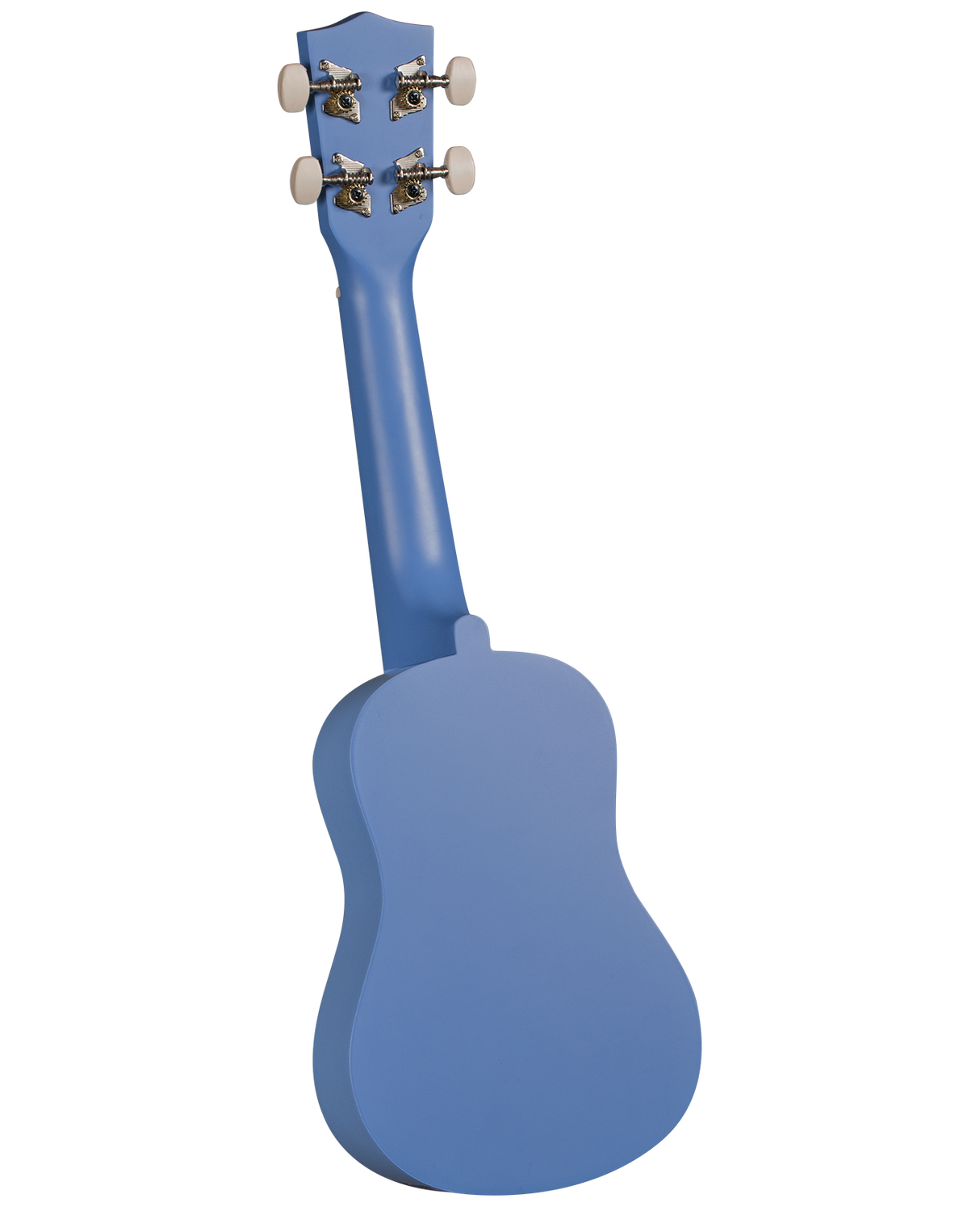 The image shows the back of a blue ukulele with four white tuning buttons and chrome tuning machines. It features a small, compact body and neck with a glossy blue finish. The headstock and proportions suggest a soprano or concert size. This stringed instrument, originally from Hawaii, is popular in folk and contemporary music and appears to be a beginner to intermediate model with a visually distinctive design.