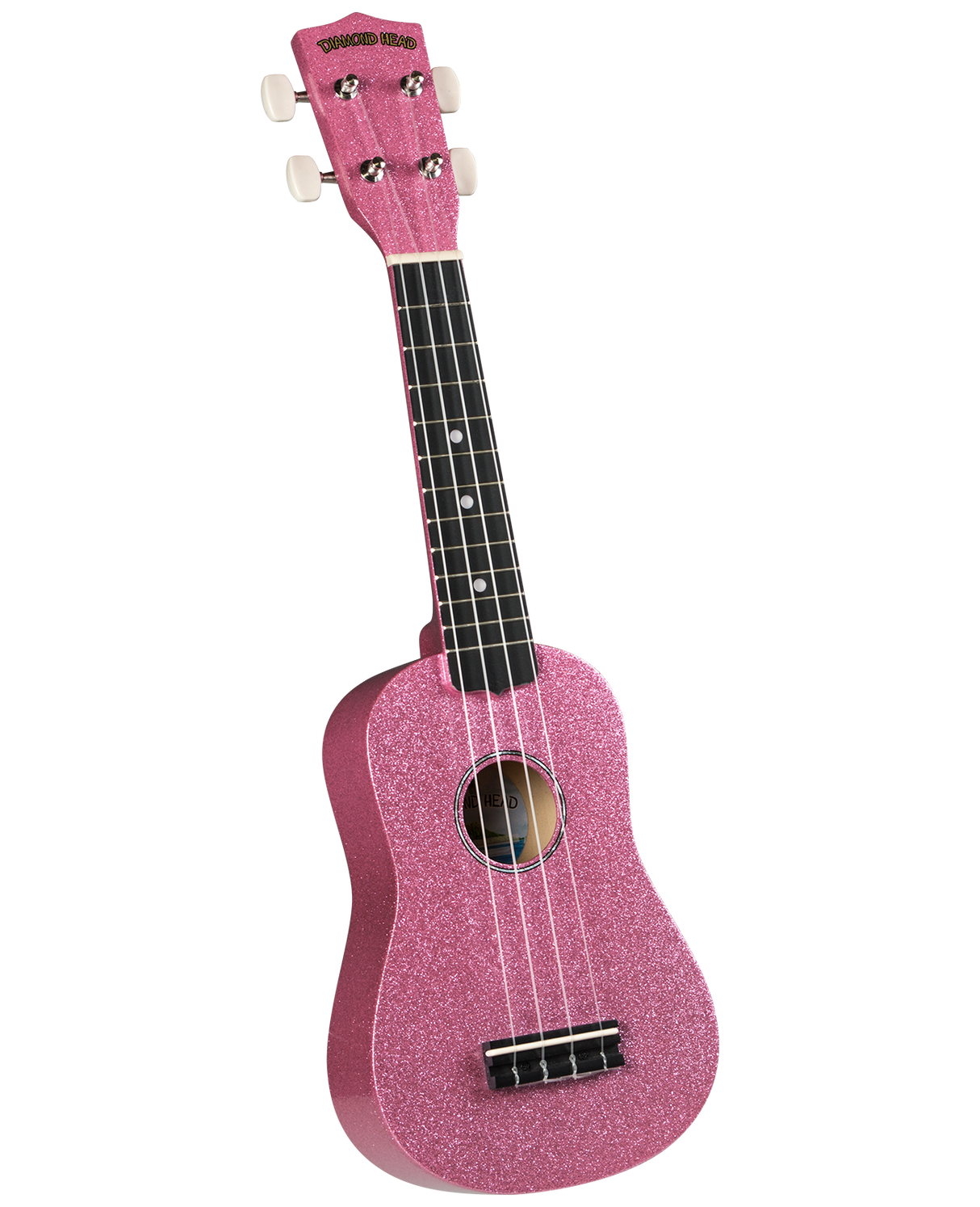 The image shows a pink sparkly soprano ukulele with a glittery finish on the body and headstock. It has a traditional shape with a central sound hole, four strings, white tuning pegs, a dark fretboard with position markers, and a black bridge. The headstock features the "DIAMOND HEAD" brand. This fun, beginner-friendly instrument is known for its bright sound and colorful design.