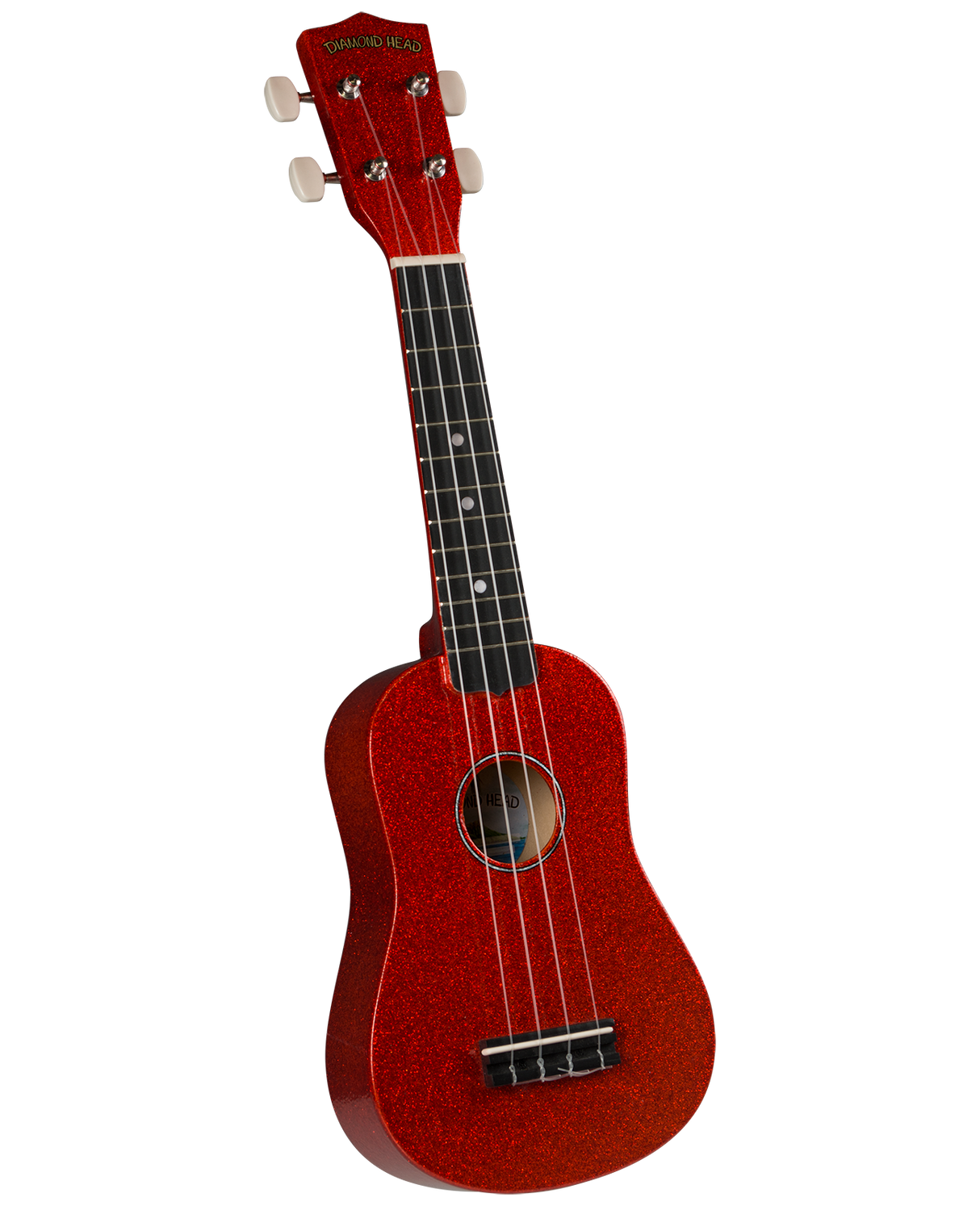 The image shows a vibrant red sparkle soprano ukulele with a traditional figure-8 body shape. It features four nylon strings, a dark fretboard with position markers, white tuning pegs, and "Diamond Head" branding on the headstock. This beginner-friendly instrument has a small bridge and a festive finish, making it ideal for casual playing and new ukulele enthusiasts.