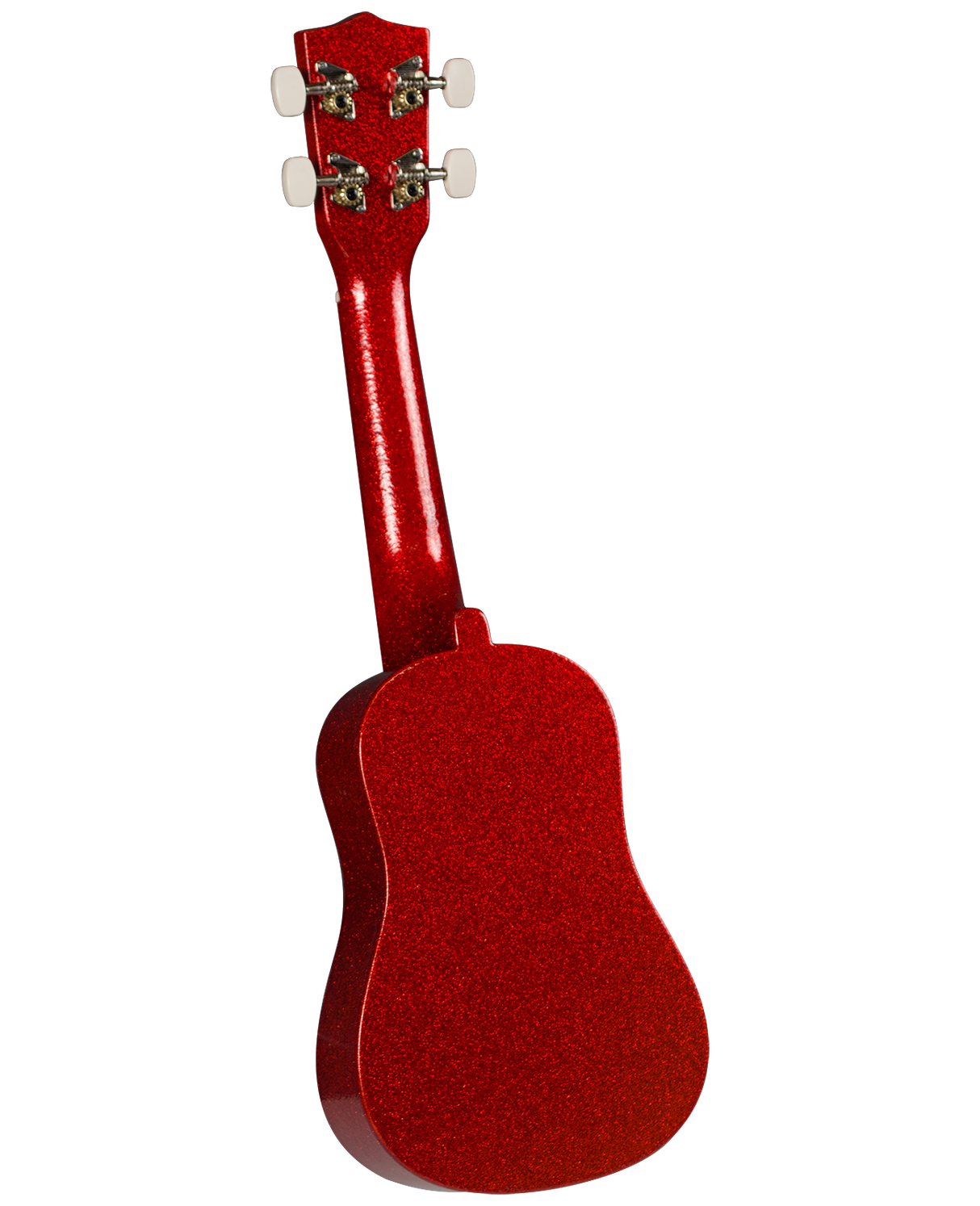 The image shows a beautiful red ukulele with a glossy, sparkly finish. It is a small four-stringed instrument photographed from the back, revealing the full body and neck. The headstock has four tuning pegs with white buttons and decorative metal hardware. Likely a soprano or concert size, this mid-range ukulele combines quality and style, popular for its portability and warm sound.