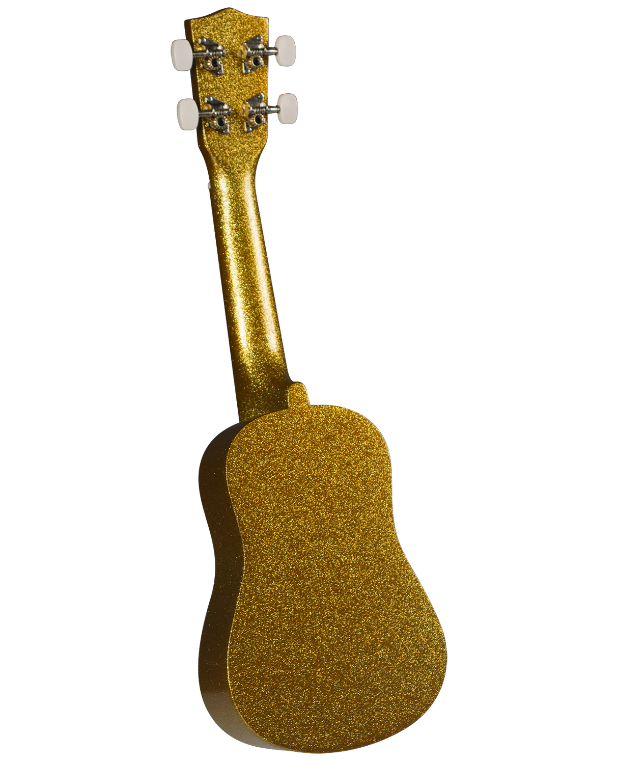 The image shows a gold glittery ukulele with a small, rounded body and a short neck. It has four white tuning pegs arranged 2x2 on the headstock. The instrument’s size suggests it is a concert or tenor ukulele. The sparkly gold finish gives it a decorative, novelty appearance, making it eye-catching and suited for performance or gifts, distinct from traditional wood-finished ukuleles.