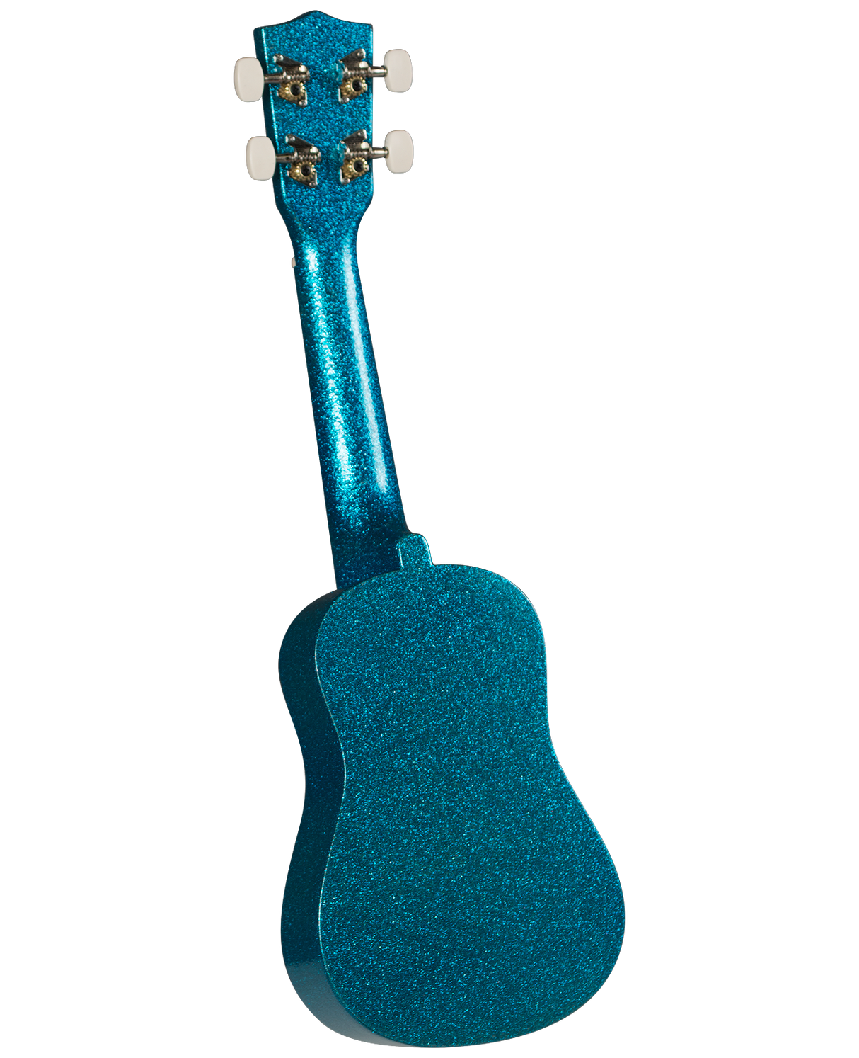 The image shows a small, four-string ukulele with a sparkly blue, glittery finish covering its body and neck. It has four tuning pegs on the headstock (two per side) and a compact guitar-like shape. The vibrant blue design makes it visually striking, appealing to beginners or those seeking a fun, colorful instrument. The white background suggests this is a product photo.