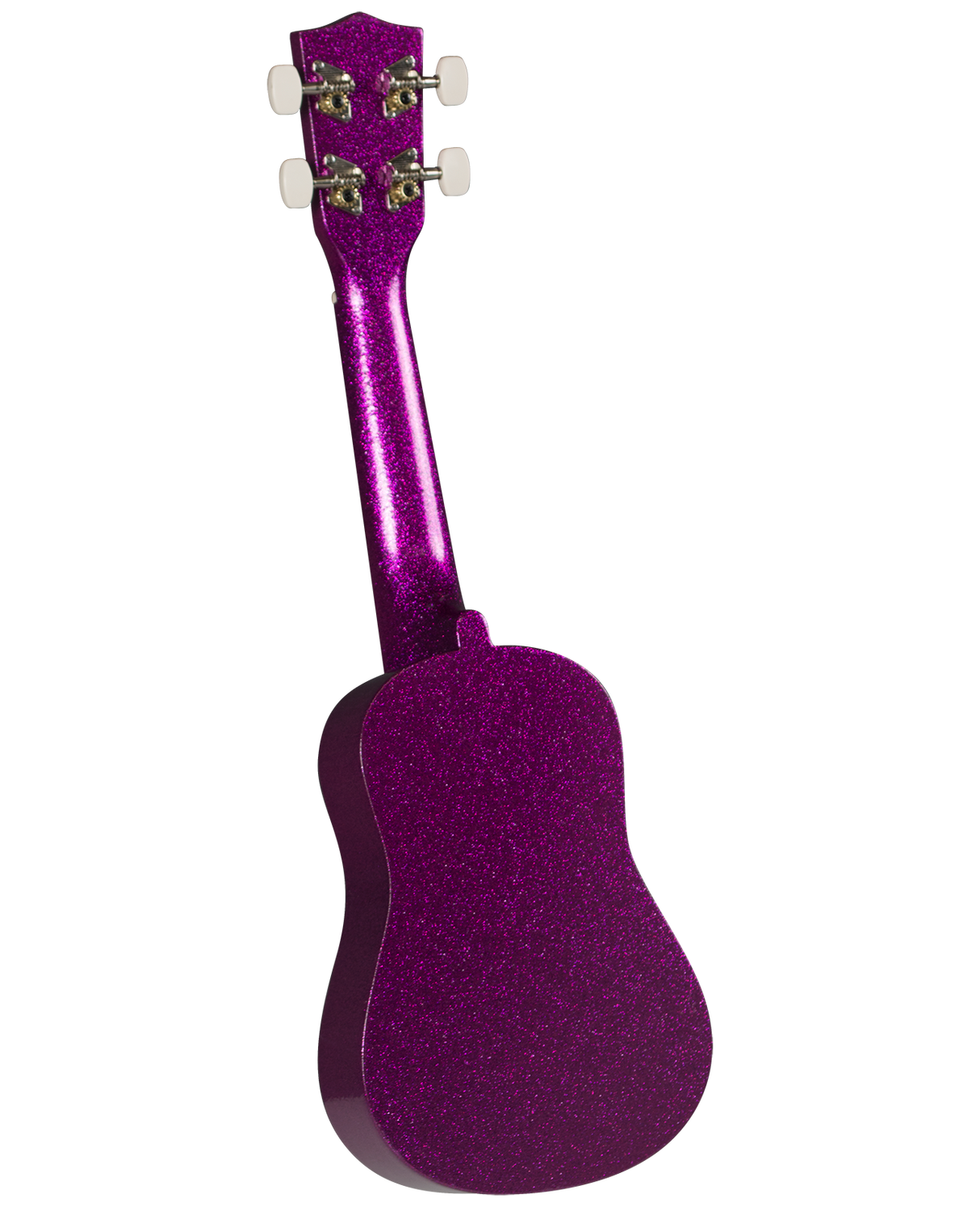 The image shows a small four-string ukulele with a vibrant purple sparkle finish covering its body and neck. It has four tuning pegs with white buttons, a rounded soprano or concert shape, and metal tuning machines. The compact size and decorative glitter suggest it’s a fun, entry-level instrument, likely aimed at beginners or younger players.