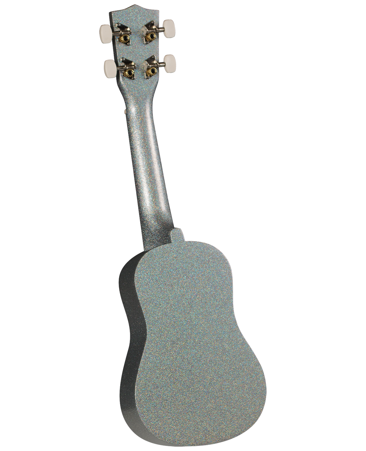 The image shows a silvery-blue ukulele with a sparkly, iridescent finish. It features four tuning pegs with white buttons, gold tuning hardware, and the characteristic small, guitar-like body. The short neck and proportions suggest a concert or tenor size. The instrument is shown against a white background, highlighting its three-dimensional shape and eye-catching design.