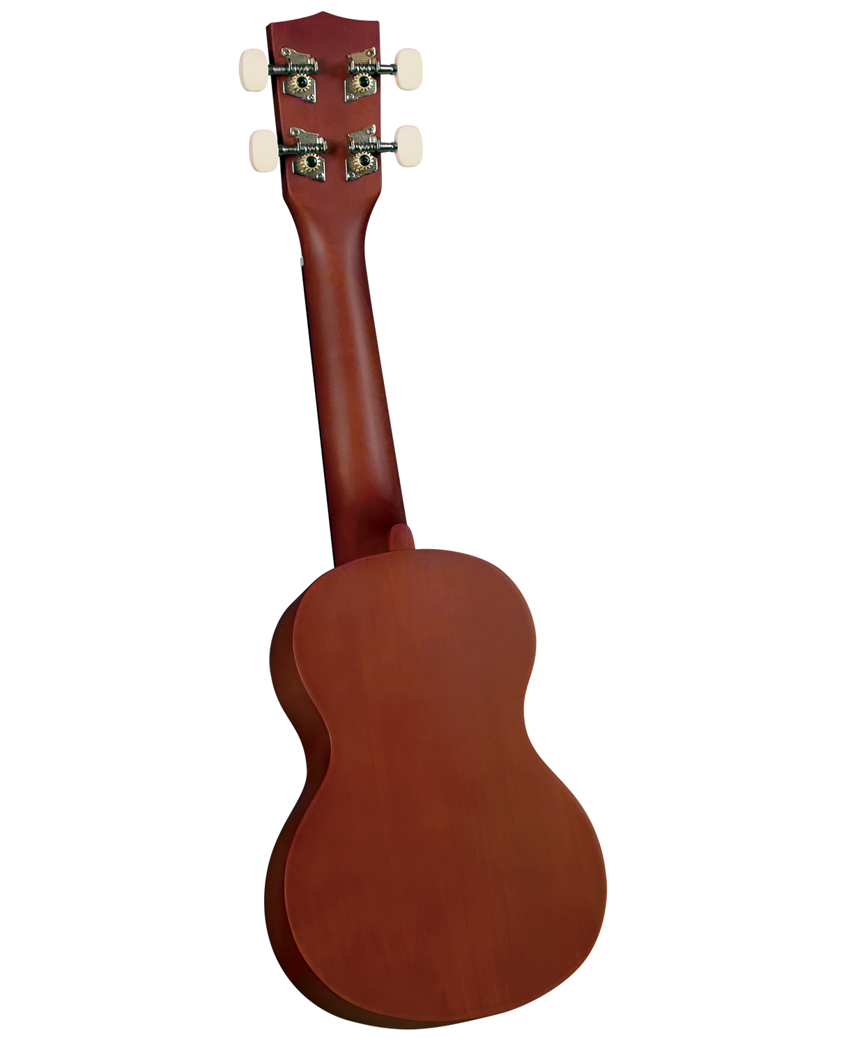 The image shows the back of a reddish-brown ukulele with a smooth wooden finish, likely mahogany. It features a figure-8 body shape, a tapered neck, and a headstock with four white tuning buttons in a 2x2 layout and decorative metal tuning gears. The ukulele appears to be concert or tenor size, with clean craftsmanship indicating a quality instrument.
