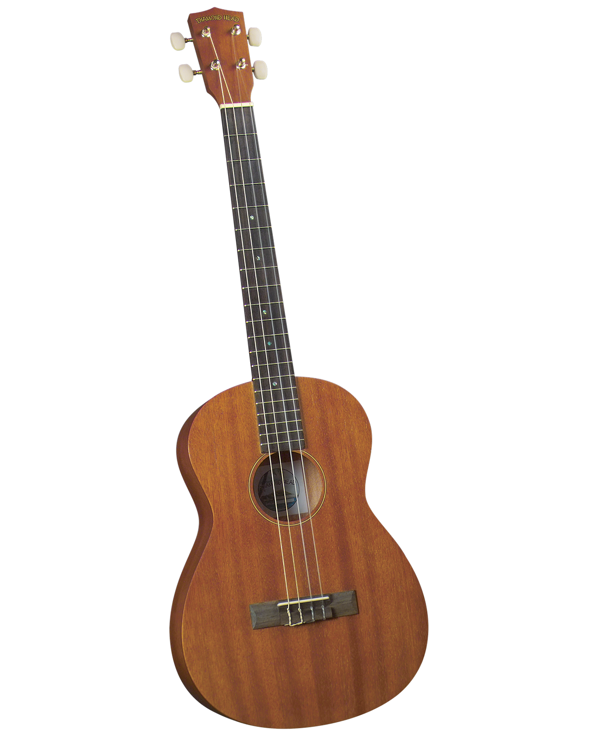 The image shows a concert or tenor-sized ukulele with a natural honey-brown wood body, four strings, a dark fretboard with markers, four tuning pegs, a traditional figure-8 shape, a central sound hole, and a bridge anchoring the strings. This four-stringed instrument from Hawaii is known for its bright, cheerful sound and is popular in Hawaiian, folk, and contemporary music.