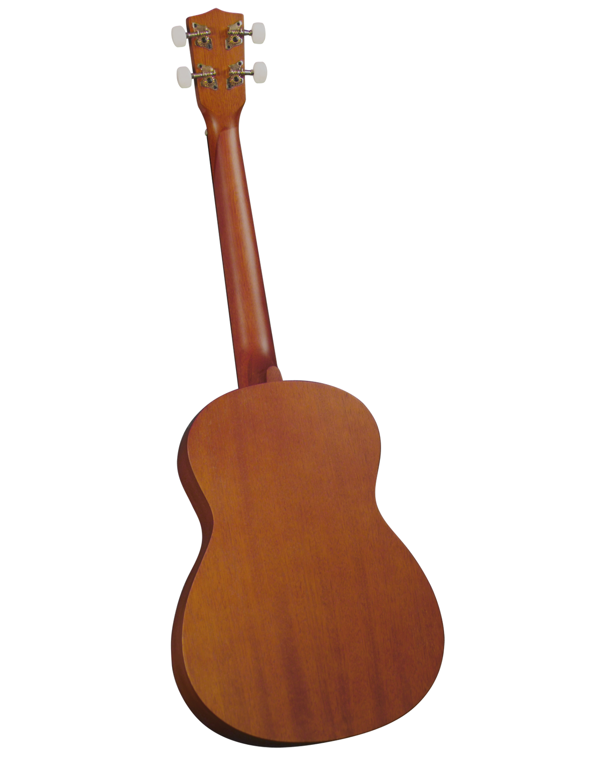The image shows the back of a wooden ukulele with a natural warm brown finish highlighting the wood grain. It features a headstock with four white tuning pegs (two per side), a smooth neck, and a small, figure-8 shaped body. The instrument appears well-crafted with clean lines and smooth joints, likely a concert or tenor size ukulele, known for its bright sound and Hawaiian origin.