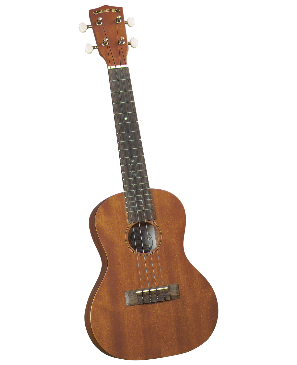 The image shows a Diamond Head ukulele with a natural wood finish, four strings, and white tuning pegs. It features a dark fretboard with position dots, a circular sound hole, and a wooden bridge. The size suggests it is a concert or tenor model. Diamond Head is known for affordable, Hawaiian-style ukuleles popular with beginners and used in various music styles.