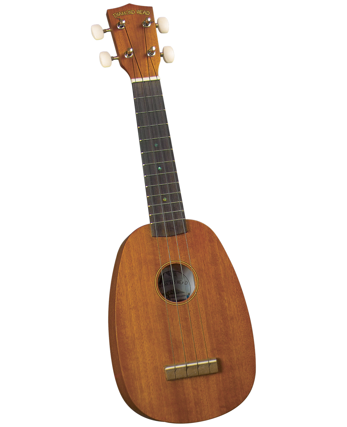 The image shows a soprano-sized Diamond Head ukulele with a small, pineapple-shaped wooden body in a warm brown finish. It has four strings, a dark fretboard with markers, a traditional sound hole, and four tuning pegs with cream-colored buttons on the headstock displaying the "DIAMOND HEAD" logo. This acoustic ukulele is likely an entry-level model, suitable for beginners and casual players.