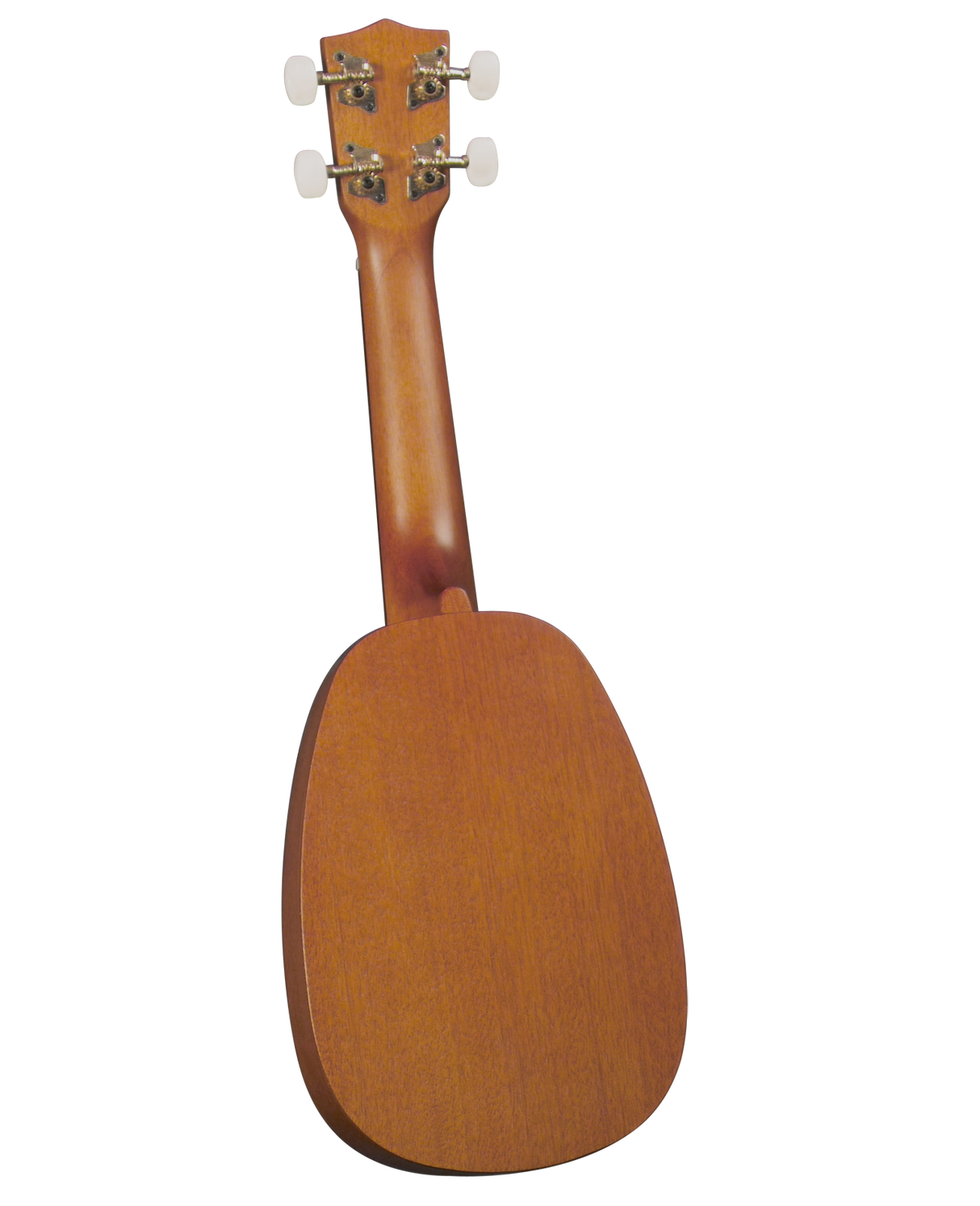The image shows the back of a pineapple-style ukulele with a warm brown wood finish and visible grain. It features four white tuning buttons on chrome metal tuners, a wooden headstock with a logo or inlay, and a satin or semi-gloss finish. The neck connects to the rounded, oval-shaped body, indicating a well-crafted mid- to high-end instrument.