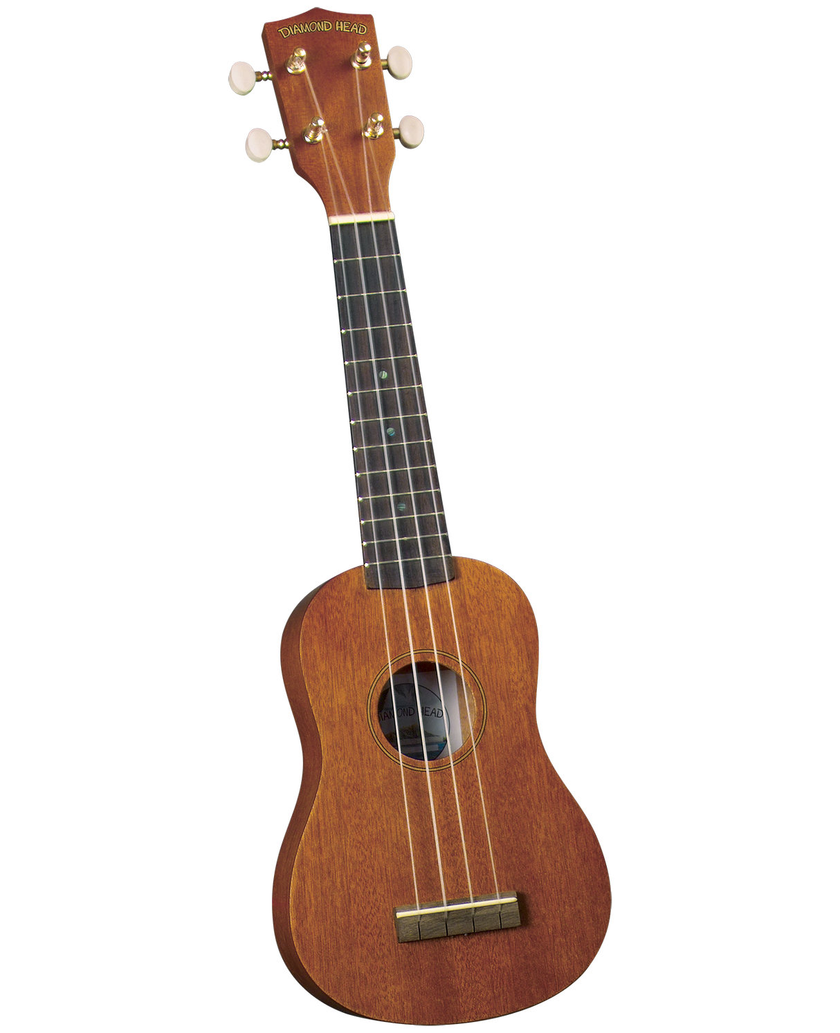 The image shows a Diamond Head soprano or concert ukulele with a natural reddish-brown wood finish. It has four nylon strings, white tuning buttons, a dark fretboard with markers, a traditional figure-8 body, a central sound hole, and a bridge at the bottom. Diamond Head is known for affordable, beginner-friendly ukuleles inspired by this Hawaiian instrument.