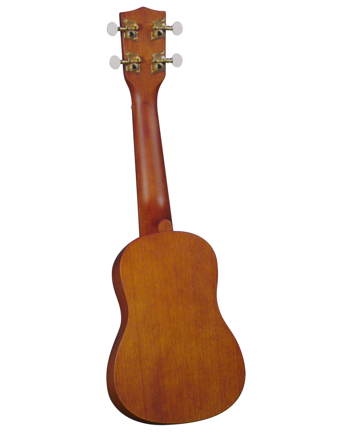 The image shows the back of a small, four-string acoustic ukulele with a warm, golden wood finish. It features a compact body, a neck extending from it, and a headstock with four tuning pegs—two on each side—with cream-colored knobs and gold tuning gears. The smooth wood grain is visible, highlighting the instrument’s traditional design typical of soprano or concert ukuleles.