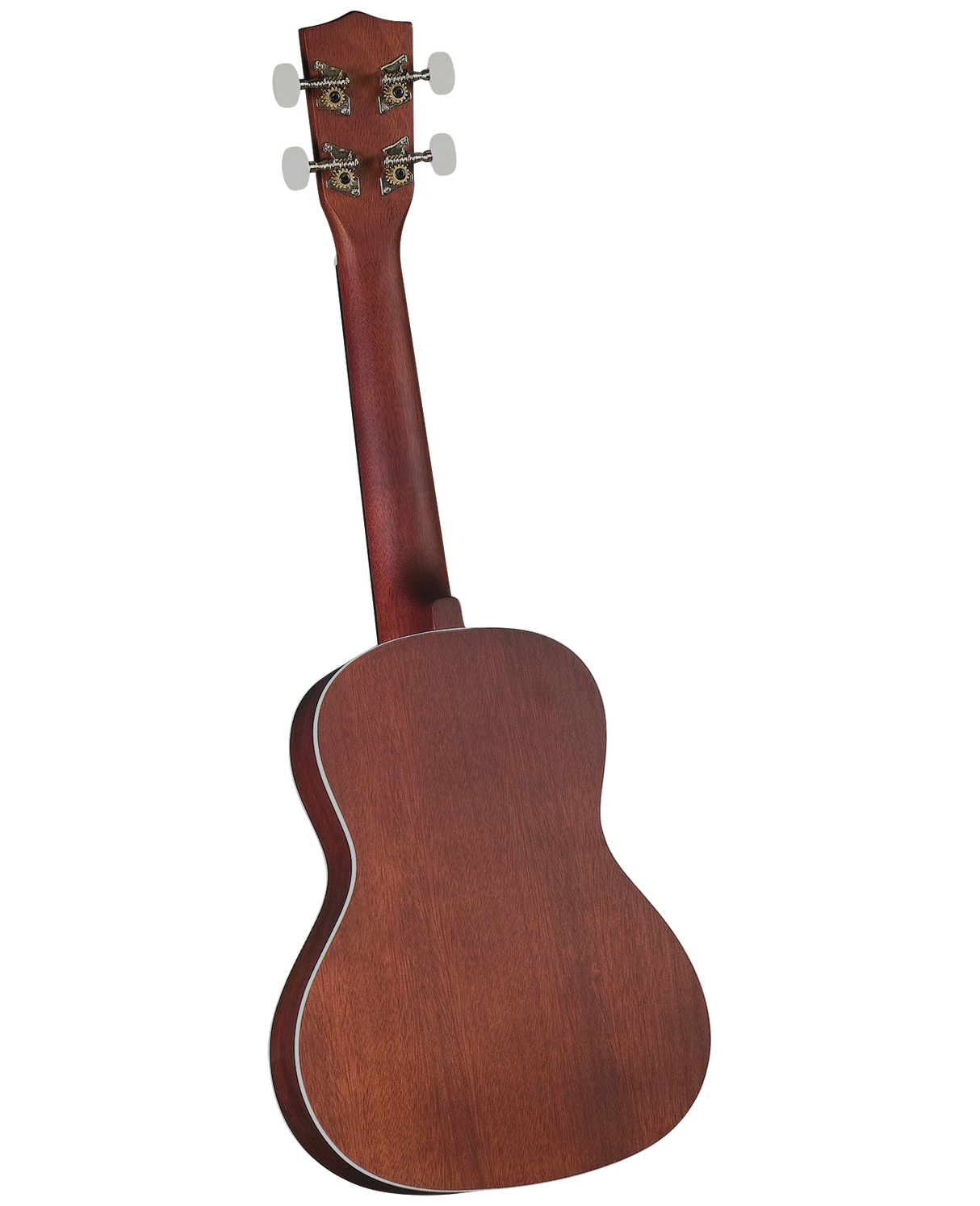 The image shows the back of a ukulele with a rich reddish-brown wood finish, likely mahogany. It features a classic figure-8 body, four tuning pegs with white buttons, and decorative metal tuning machines. Light-colored binding outlines the body edges, and the wood has a smooth, semi-gloss finish. The headstock has a traditional shape, and the instrument appears to be a well-crafted concert or tenor model, suitable for beginners to intermediate players.