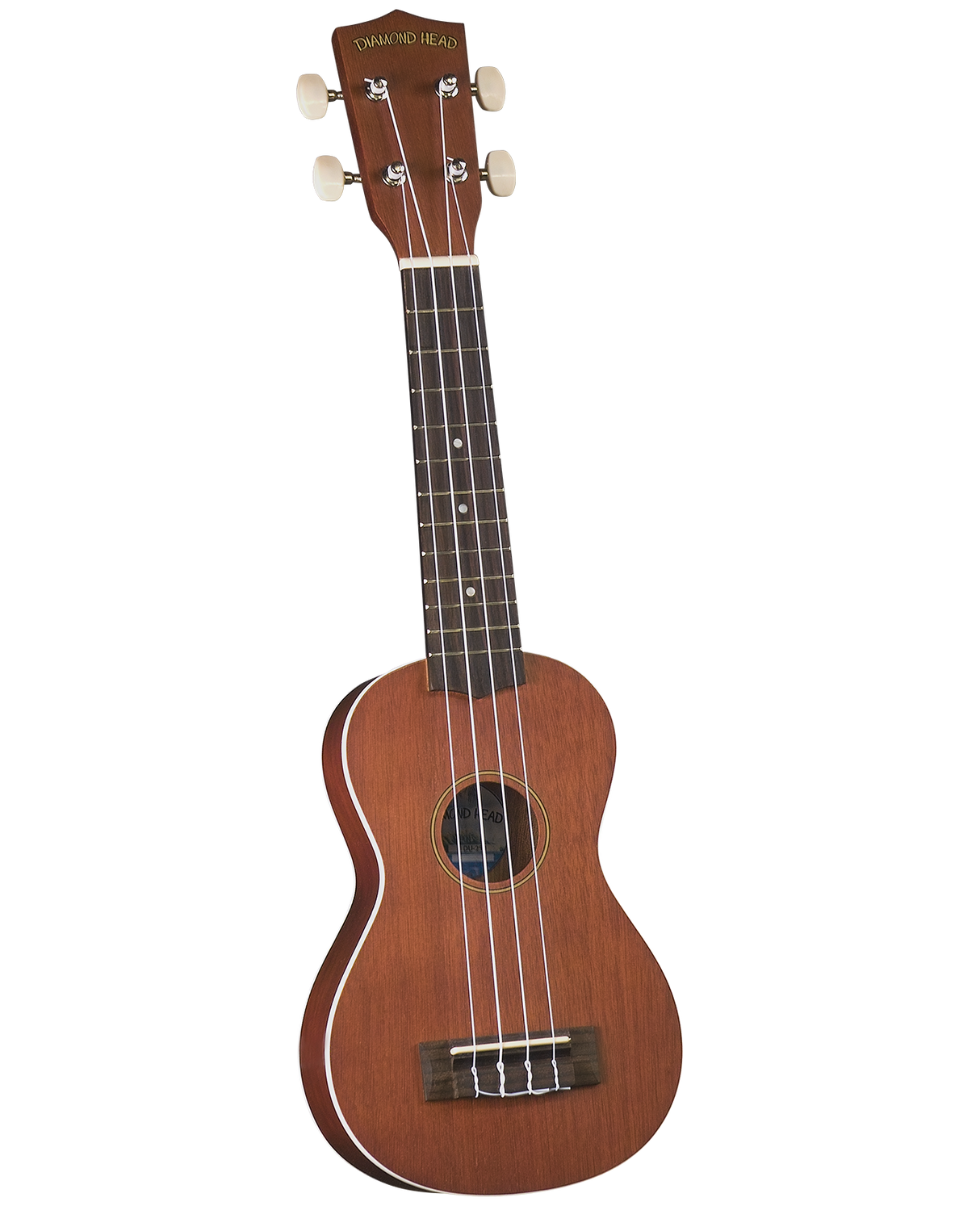 The image shows a Diamond Head ukulele with a natural reddish-brown wood finish. It has four strings, white tuning pegs, a dark wood fretboard with dot markers, a circular sound hole, and white binding along the body edges. The ukulele is likely soprano or concert size and is photographed against a white background, typical for product display.