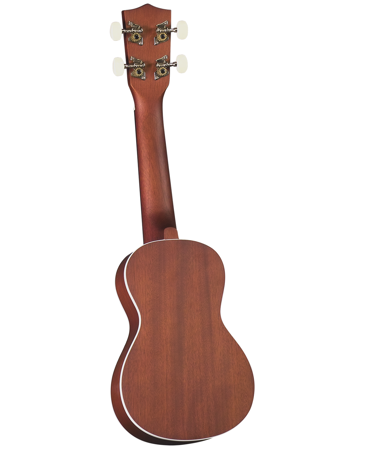The image shows the back of a concert or tenor-sized ukulele made from reddish-brown wood, likely mahogany, with a natural finish and white binding. It features a traditional figure-8 shape, smooth contours, and four chrome tuning pegs with cream buttons in a 2+2 headstock layout. The design is simple and elegant, indicating a quality mid-range instrument suitable for beginners and experienced players.
