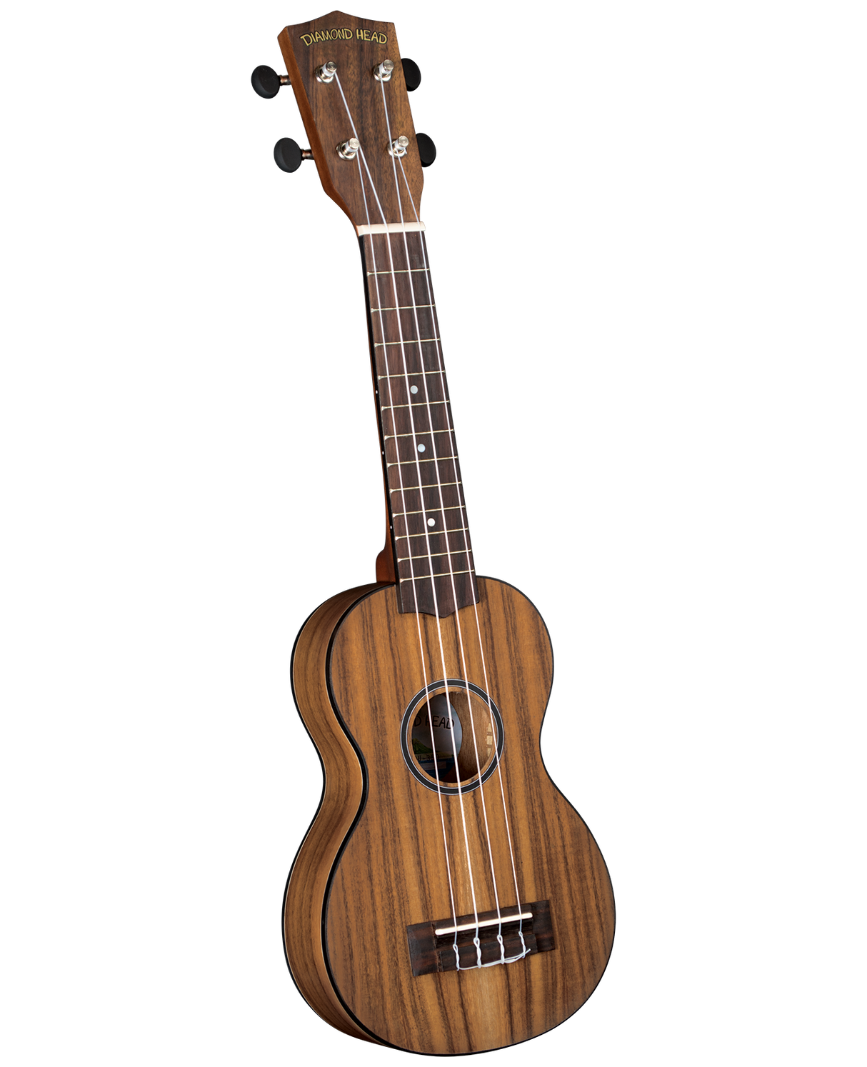 The image shows a soprano ukulele by Diamond Head with a natural wood finish. It features a rich wood body and neck, likely koa, a dark rosewood fretboard with white markers, four strings, black tuning pegs, a round sound hole with decorative binding, and a dark wooden bridge. The instrument highlights visible wood grain and is a quality, affordable model suitable for players of all levels.