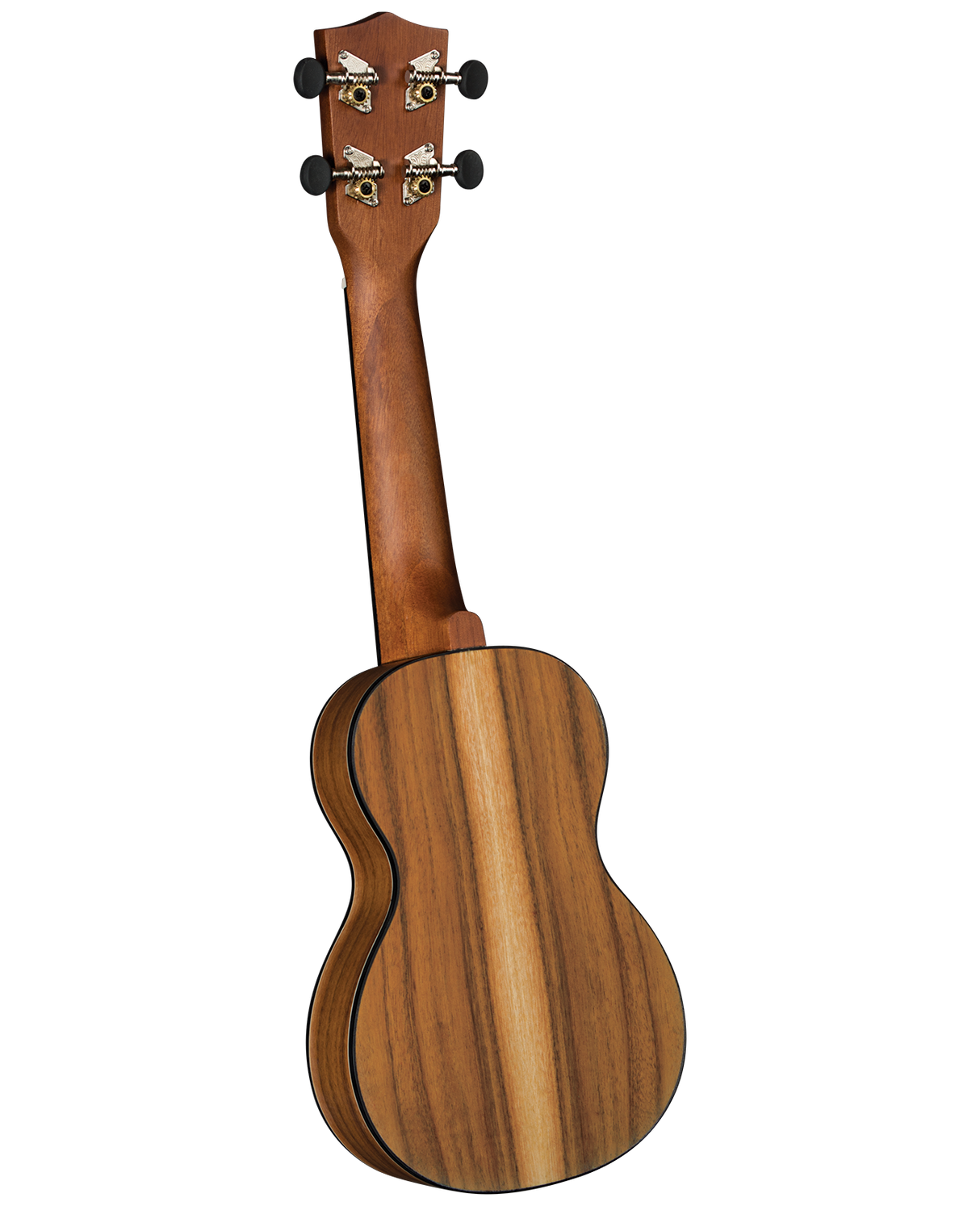 The image shows the back view of a wooden ukulele with visible natural grain on the body and neck. It features four tuning pegs with black knobs and silver machines on the headstock, dark binding around the figure-8 shaped body, and a straight neck. Likely a concert or tenor size, the instrument displays quality construction and a smooth finish, typical of ukuleles known for their bright, cheerful sound.