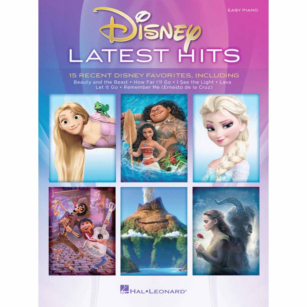 The image shows a sheet music book titled "Disney Latest Hits" by Hal Leonard, arranged for Easy Piano. The cover features a colorful gradient with images from Tangled, Moana, Frozen, Coco, Lava, and Beauty and the Beast. It includes 15 popular recent Disney songs like "Let It Go," "How Far I'll Go," and "Remember Me," designed for beginning to intermediate piano players.