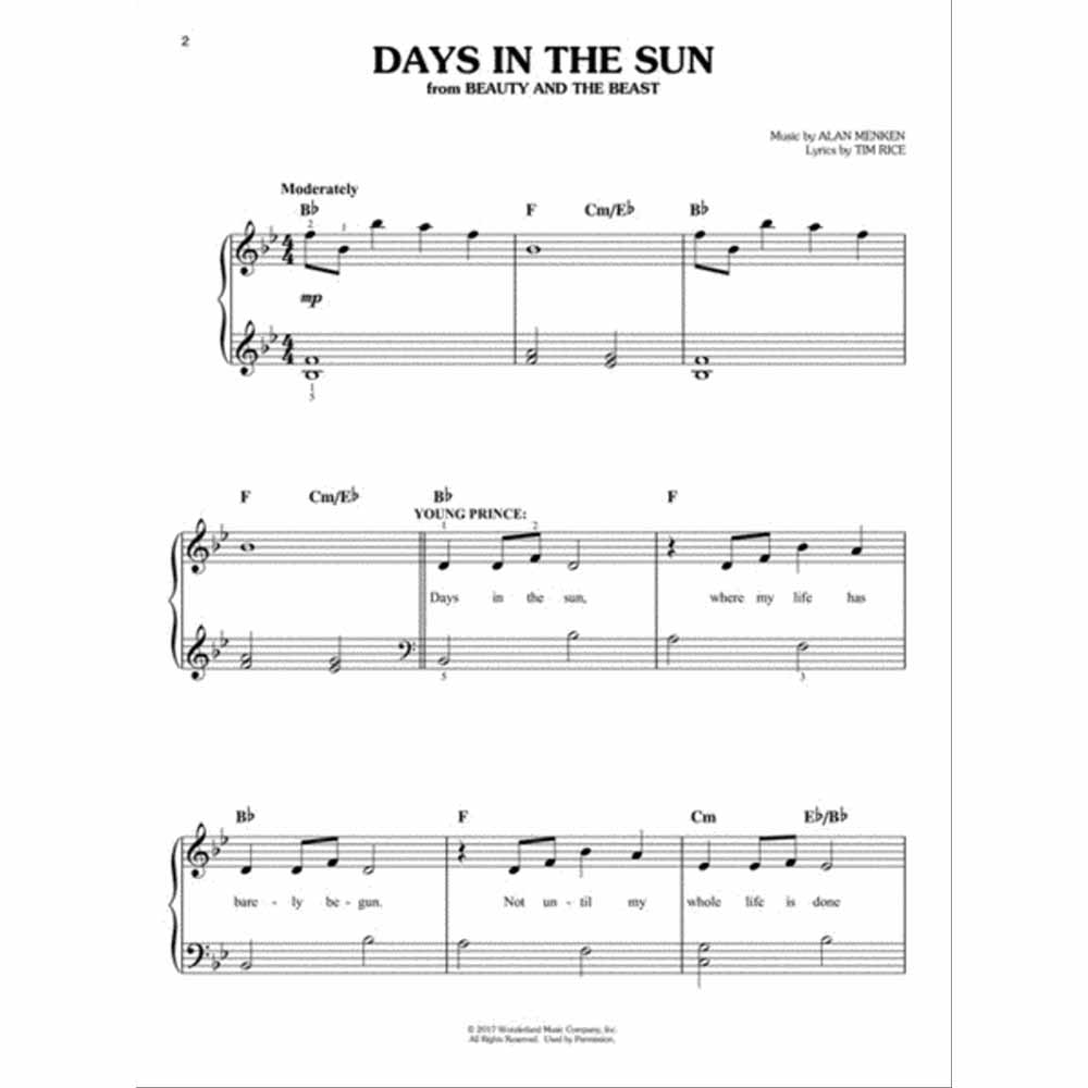 The image shows page 2 of the sheet music for "Days in the Sun" from Disney's "Beauty and the Beast," arranged for piano and voice. It includes treble and bass clefs, chord symbols (Bb, F, Cm/Eb), a 4/4 time signature, tempo marking "Moderately," and dynamic "mp." Music by Alan Menken, lyrics by Tim Rice, with the vocal line labeled "YOUNG PRINCE" and lyrics visible.