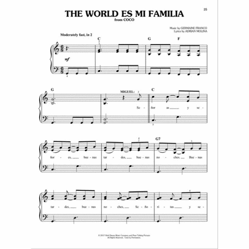 The image shows a page of sheet music for "The World Es Mi Familia" from Disney-Pixar's "Coco." It features piano notation in C major, 6/8 time, marked "Moderately fast, in 2," with chord symbols (C, G, F, G7) and Spanish lyrics labeled for the character Miguel. Credits include music by Germaine Franco and lyrics by Adrian Molina. The page is from a professionally published songbook with Disney copyright.