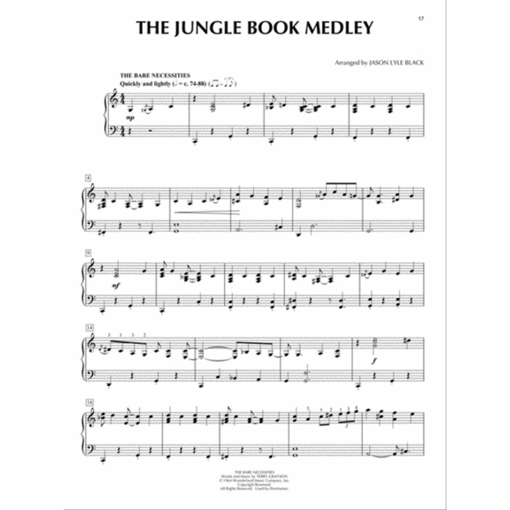 The image shows page 17 of a piano sheet music titled "THE JUNGLE BOOK MEDLEY," arranged by Jason Lyle Black. It features the section "THE BARE NECESSITIES," marked "Quickly and lightly," in 4/4 time, with melody in the treble clef and accompaniment in the bass clef. The medley combines Disney's Jungle Book songs and includes copyright info at the bottom, indicating a published arrangement.