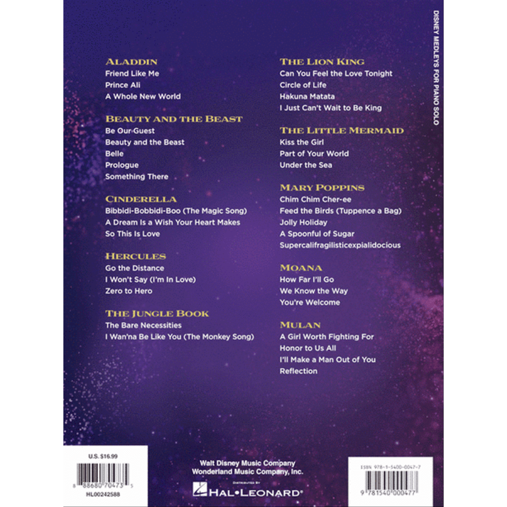 The image shows the back cover of a Disney songbook published by Hal Leonard, listing popular songs organized by movie, including classics like Aladdin, Beauty and the Beast, Cinderella, and The Little Mermaid, as well as newer titles like The Lion King, Mary Poppins, Moana, and Mulan. It highlights this professional collection of piano/vocal arrangements for musicians and music teachers.
