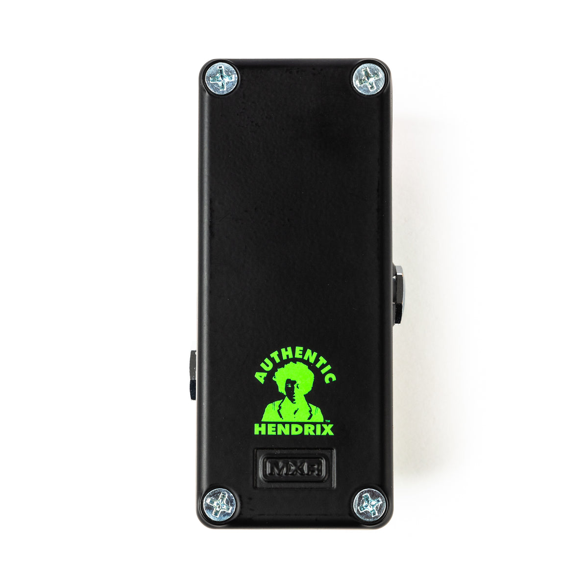 The back of a Jimi Hendrix guitar pedal with black finish, green artwork, and visible screws.
