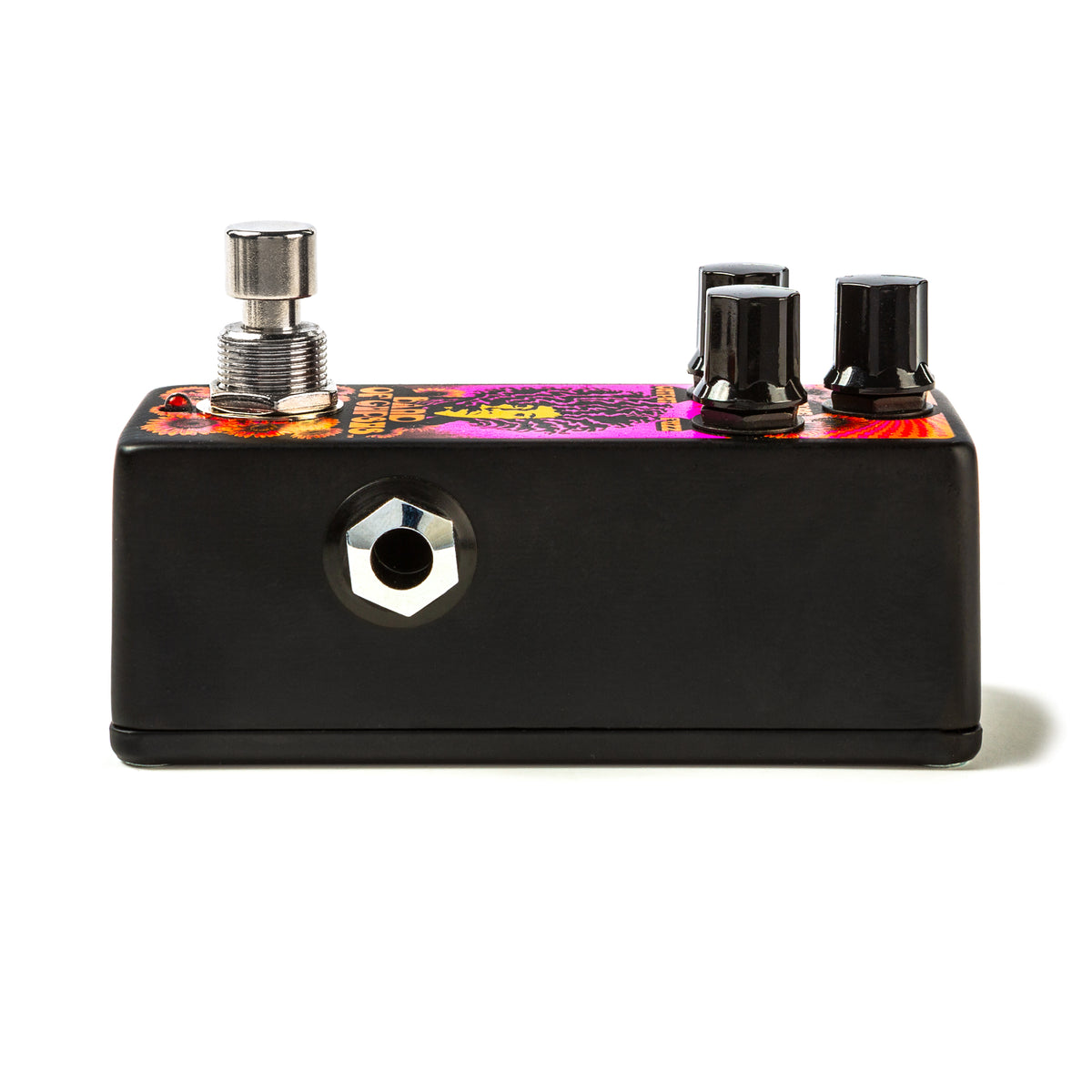The right side of a Jimi Hendrix guitar pedal with the black finish and input jack visible.