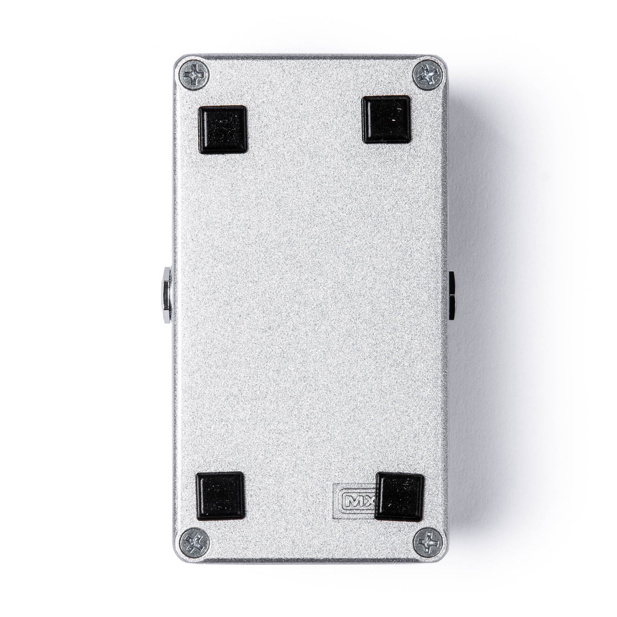 Bottom view of a MXR pedal with metallic silver finish. Assembly screws and rubber feet are visible.