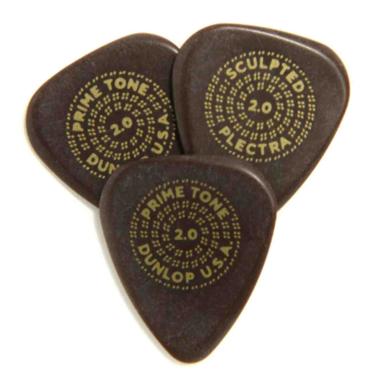 The image shows three Dunlop guitar picks with a dark brown, tortoiseshell-like color. Each pick has yellow/gold circular text including "PRIME TONE," "SCULPTED," "2.0," "PLECTRA," and "DUNLOP USA." They have a classic teardrop shape and a thickness of 2.0 mm, indicating a premium, durable material suited for players preferring a thicker pick and bright tone.