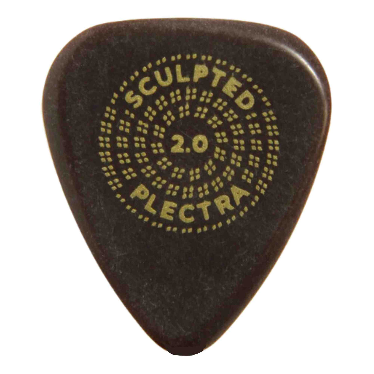 The image shows a dark-colored guitar pick with gold/yellow text reading "SCULPTED" at the top, "PLECTRA" at the bottom, and "2.0" in the center, surrounded by a dotted circular pattern. This branded pick likely belongs to the "Sculpted Plectra 2.0" line, suggesting ergonomic design or special texture for improved grip and playability. Guitar picks help musicians pluck or strum strings for varied tonal effects.