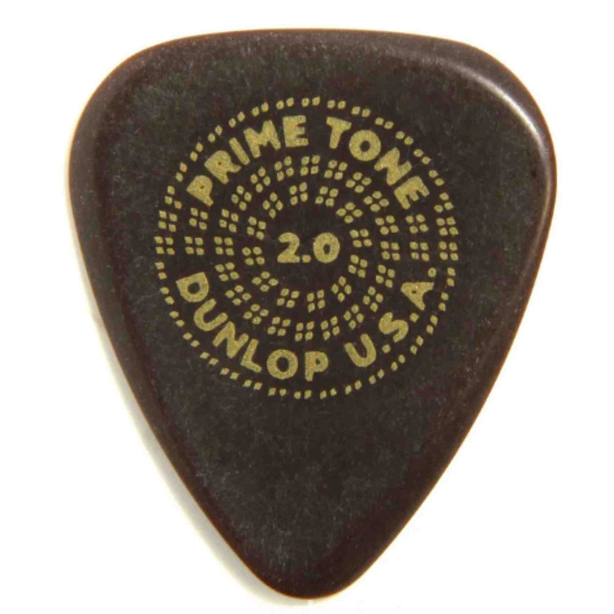 The image shows a Dunlop Primetone 2.0 guitar pick, made from a dark, tone-enhancing material. The "2.0" denotes its thickness in millimeters, offering control and a warm, full tone. The dotted circular pattern around the text provides grip. This premium pick is favored by serious guitarists for its durability and improved playing feel compared to standard picks.