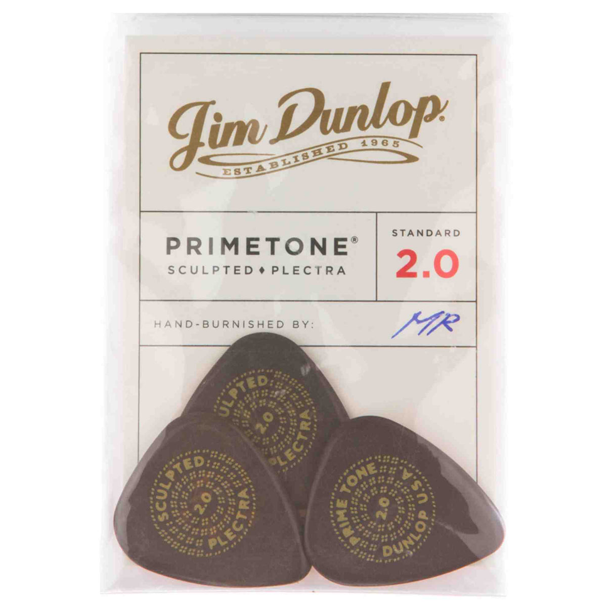 The image shows a package of Jim Dunlop Primetone guitar picks, featuring three dark 2.0mm thick sculptured plectra with hand-burnished finishes, indicated by the "MR" signature. Known for quality since 1965, Dunlop’s Primetone series offers premium picks designed for enhanced tone, control, and smooth play, favored by jazz and precision players. Circular branding and sculpted edges reduce pick noise for a refined playing experience.