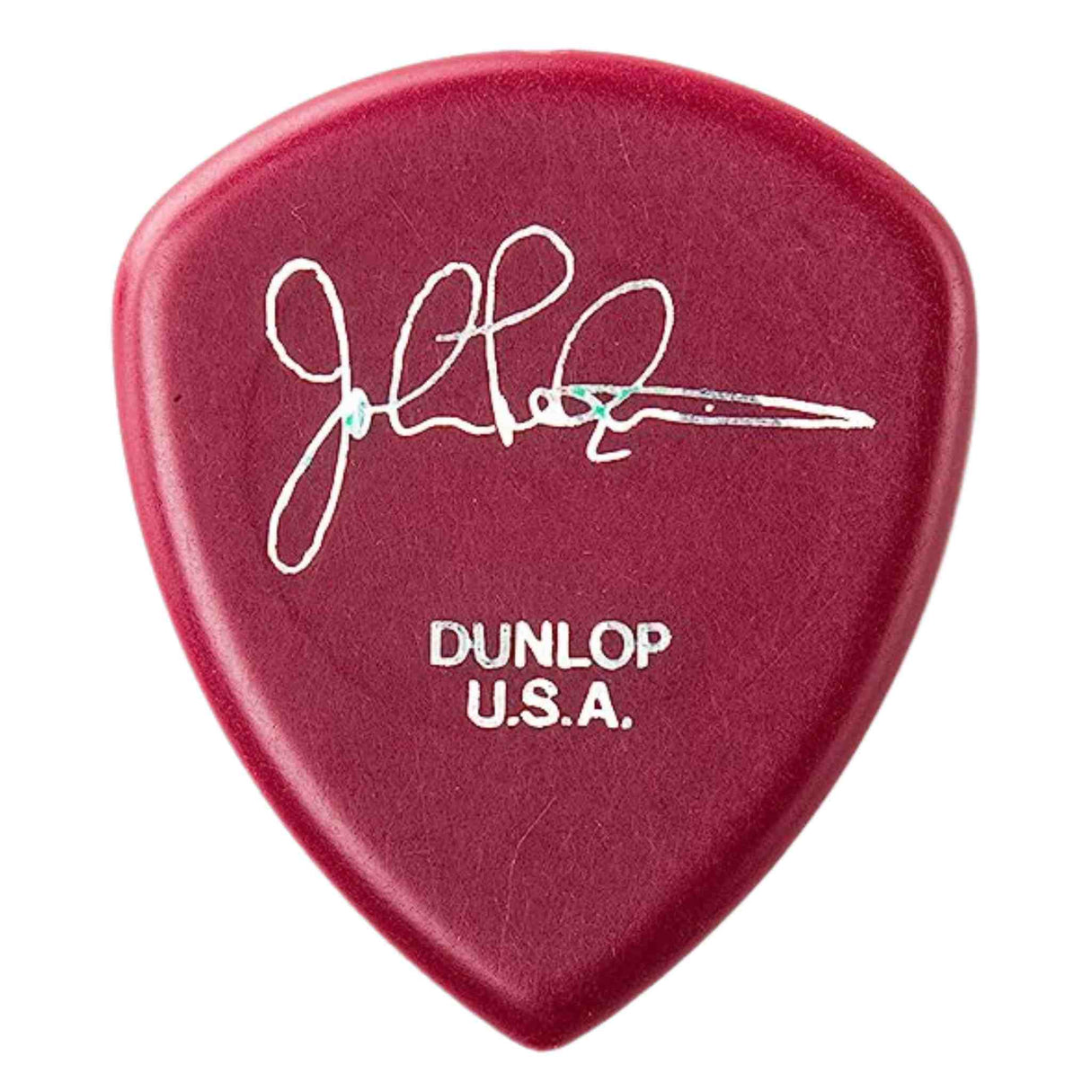 The image shows a deep red/burgundy Dunlop guitar pick with a white signature or logo across the center. Below it, "DUNLOP U.S.A." is printed in white. This classic teardrop-shaped pick features a smooth, polished finish and likely belongs to a signature series, designed in collaboration with a guitarist. Dunlop is a well-known manufacturer of quality guitar accessories used by professionals and amateurs alike.
