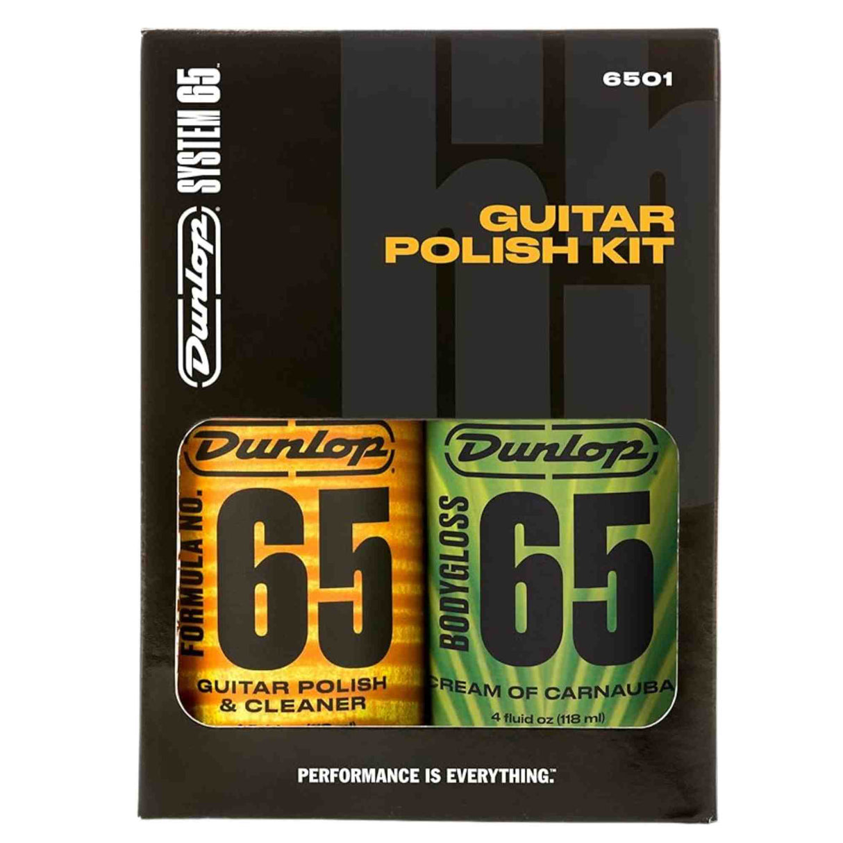 The image shows a Dunlop Guitar Polish Kit (model 6501) containing two bottles from the "65" line: Formula No. 65 Guitar Polish & Cleaner (orange) and Formula No. 65 Bodygloss "Cream of Carnauba" (green, 4 fl oz). This professional kit is designed for cleaning, polishing, and protecting guitar finishes, featuring classic Dunlop branding and the tagline "Performance is Everything." It is a trusted accessory for guitar maintenance.