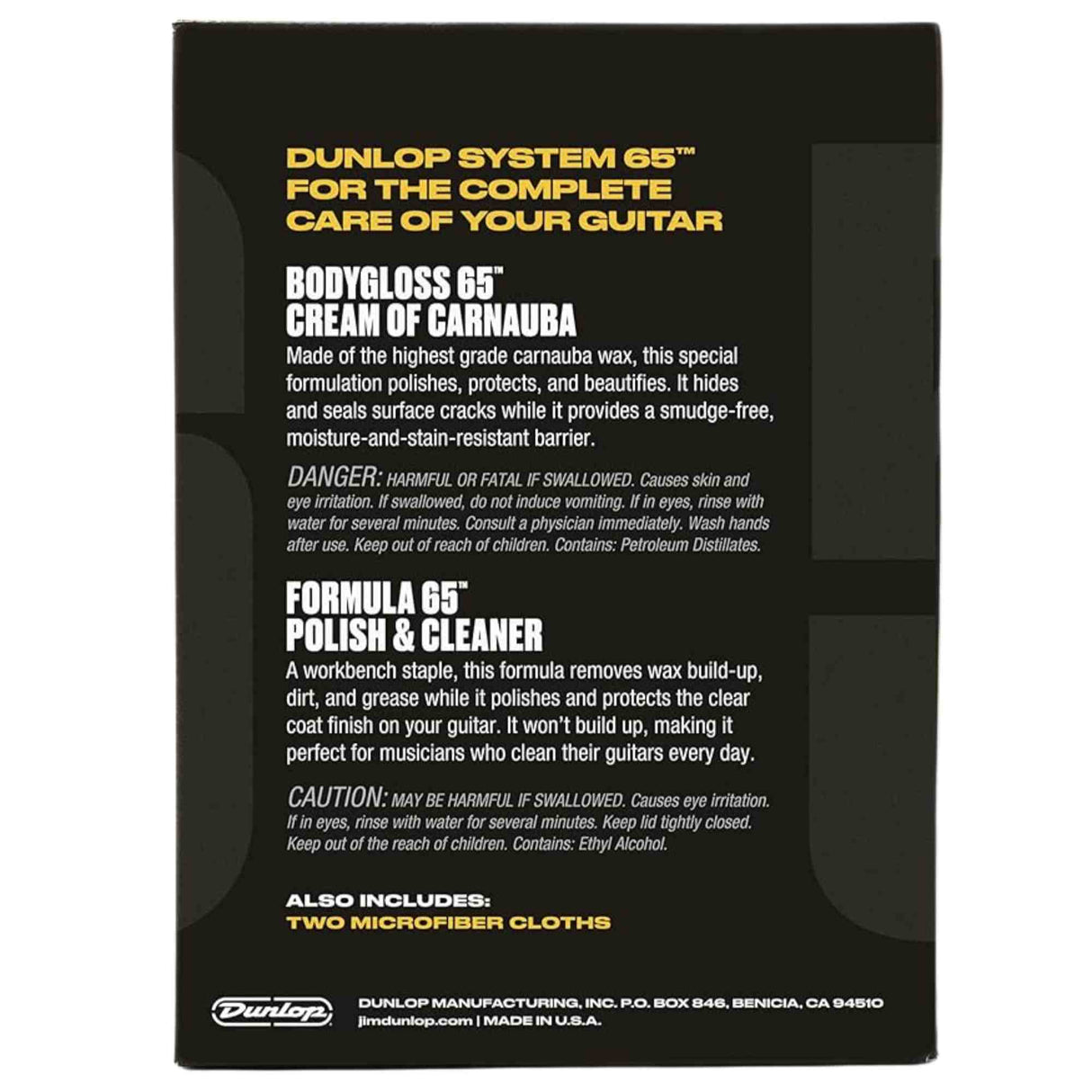 The image shows the back of a Dunlop System 65™ guitar care kit package, featuring two main products: Bodygloss 65™ Cream of Carnauba, a wax that polishes and protects guitar finishes, and Formula 65™ Polish & Cleaner, which removes buildup while polishing. The kit also includes two microfiber cloths and safety warnings, providing comprehensive maintenance for guitar protection and shine.