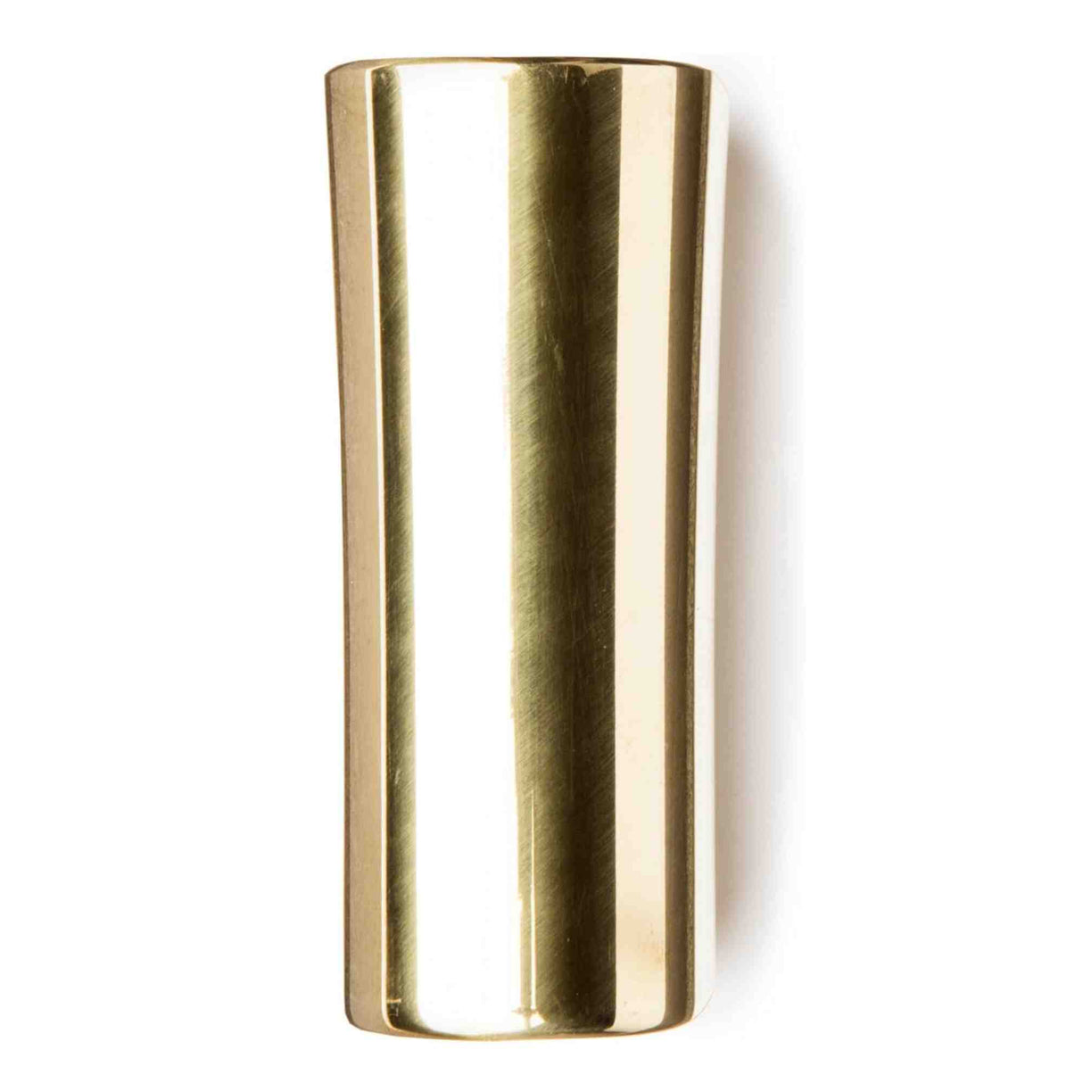 The image shows a brass guitar slide, a polished cylindrical tube used to create smooth, gliding tones by sliding along guitar strings. Commonly worn on the ring finger or pinky, slides come in various materials like glass, ceramic, steel, and brass, each affecting tone. Brass slides produce a warm, mellow sound with good sustain and are essential for blues, country, rock, and other slide guitar styles.